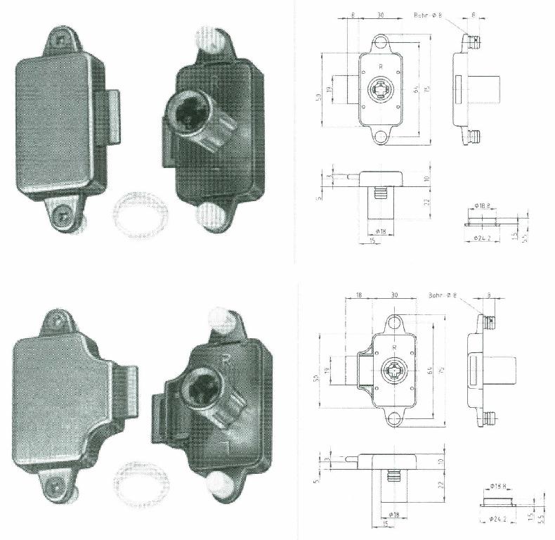 Bei den als "Zylinder-Möbelschloss" bezeichneten Erzeugnissen handelt es sich um Teile von Möbelschlössern aus unedlen Metallen in Form von Gehäusen in unterschiedlichen Formen und Abmessungen, mit integriertem Schlossriegel und nahezu ringförmigen Erzeugnissen, die an einem Ende mit einem Kragen versehen sind (sog. Rosetten). Die Gehäuse sind für die Befestigung an Möbeln je nach Ausführung entweder mit zwei Einpresszapfen (Ausführung Z) oder mit zwei Lochbohrungen zum Anschrauben (Ausführung A) versehen und weisen auf einer Seite eine zylinderförmige Vorrichtung (Länge x Durchmesser ca. 22 x 18 mm) zur Aufnahme eines mit einem Schlüssel zu betätigenden Wechselzylinders (nicht Gegenstand der vZTA) auf. 
Gehäuseabmessungen (L x B x H ca. 75 x 30 x 10 mm oder 75 x 40 x 10 mm)
- Antragstellerangaben -

Derartige Erzeugnisse gehören als "Teile aus unedlen Metallen von Schlössern (zum Schließen mit Schlüssel), aus unedlen Metallen" zur Codenummer 8301 6000 90 0 des Zolltarifs.