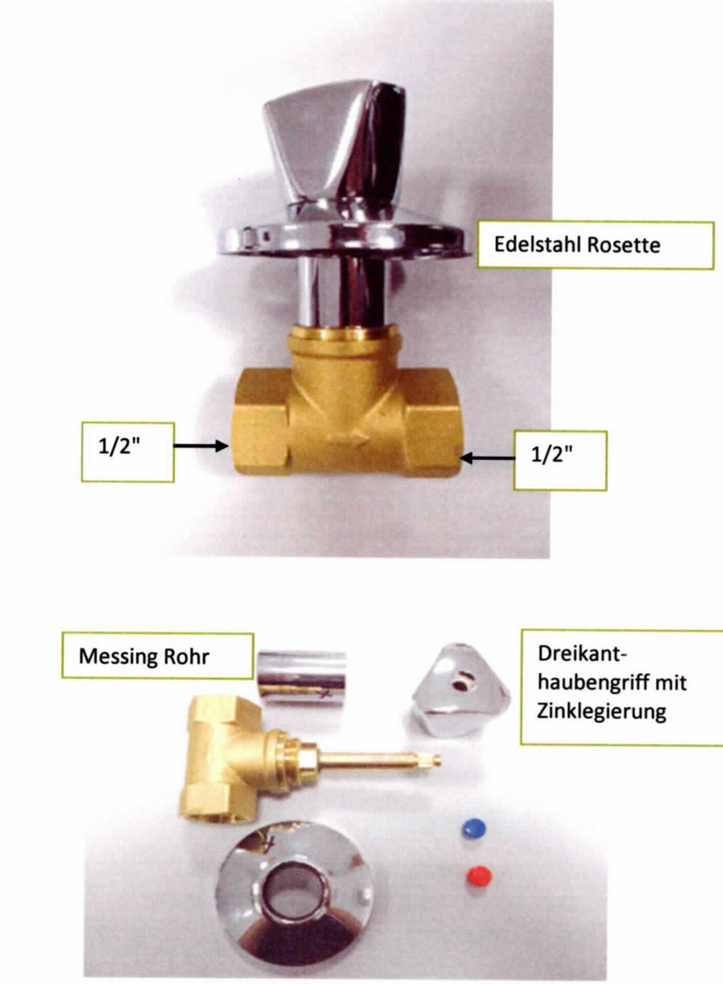 Bei dem sog. Unterputzventil handelt es sich um ein Absperrventil aus Messing mit zwei 1/2" bzw. zwei 3/4" Innengewinden (je nach Ausführung), einem Dreikanthaubengriff zur Betätigung sowie einer Rosette aus Edelstahl. Das Erzeugnis dient der Strangabsperrung in Rohrleitungen.

Die Ware ist als "andere Armatur für Rohr- oder Schlauchleitungen, Ventil, nicht von den Unterpos. 8481 1005 bis 8481 8061 erfasst, nicht aus Gusseisen oder Stahl, nicht für bestimmte Luftfahrzeuge, keine Magnetventilvorrichtung - Absperrventil" einzureihen.