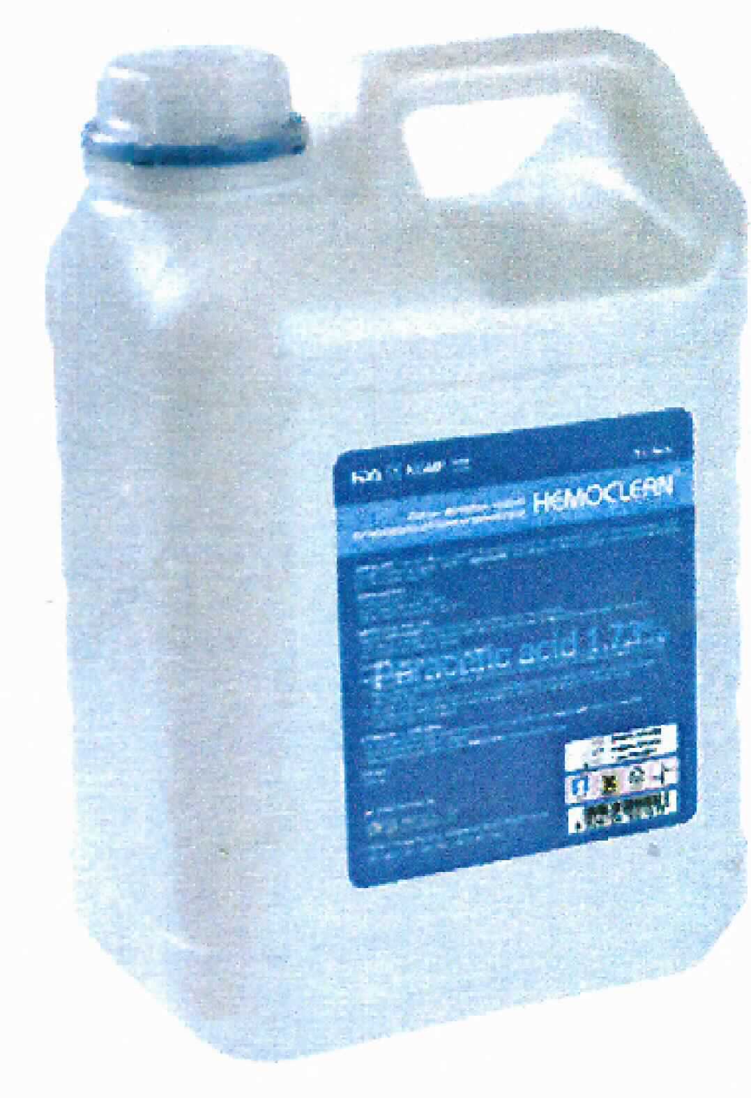 Angaben:
Reinigungsmittel Hemoclean, Reinigungs- Desinfektions- und Sterilisationsmittel für Hämodialysemaschinen; Inhaltsstoffe: Peressigsäure 1,73%, Wasserstoffperoxid max. 5,95%, Essigsäure 15-17%, in wässriger Lösung; Gebindegröße: 5 l Kunststoffkanister.

Befund:
Desinfektionsmittel, in Formen oder Aufmachungen für den Einzelverkauf, andere.