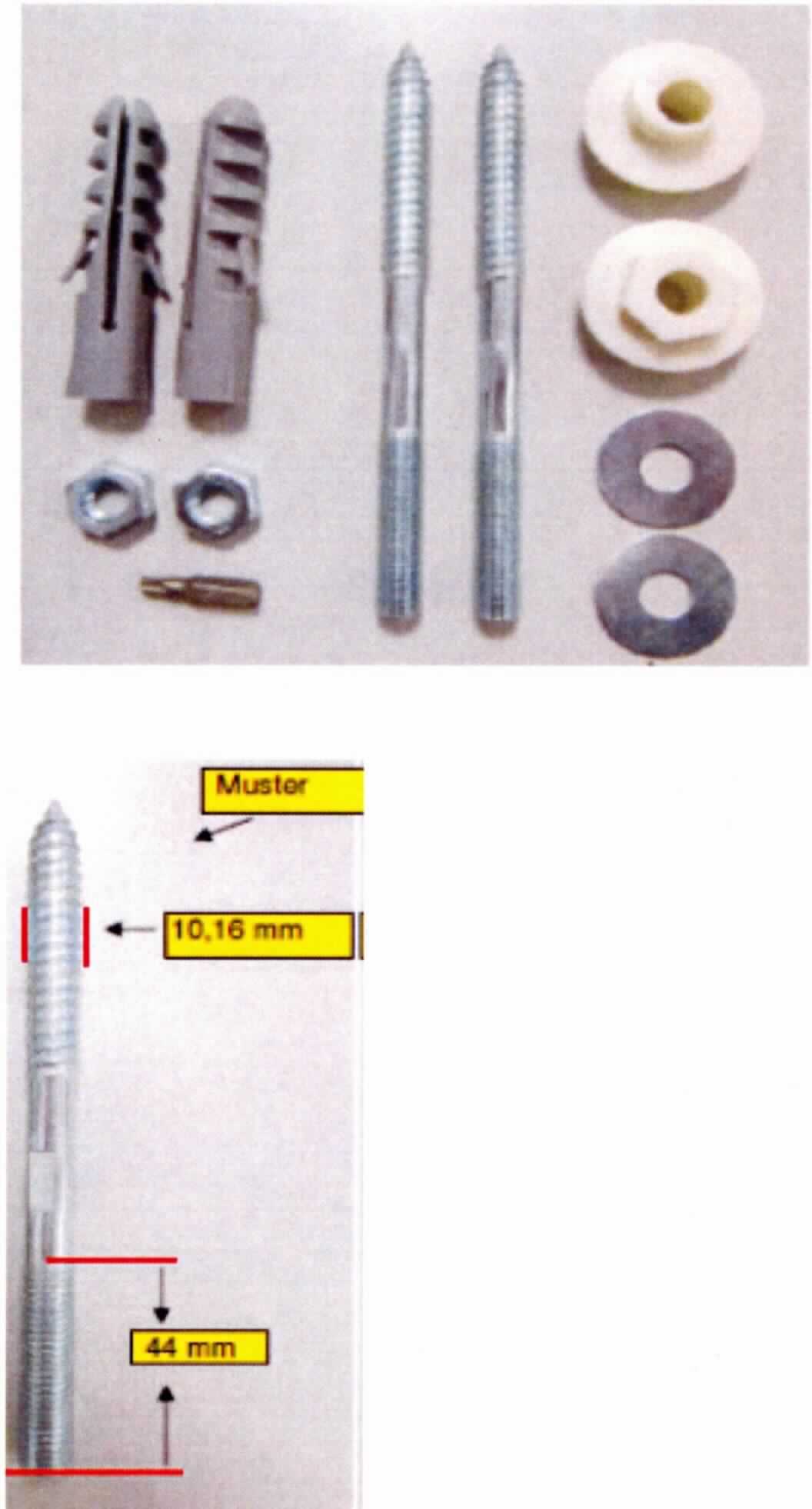 Es handelt sich um Warenzusammenstellungen in Aufmachung für den Einzelverkauf, bestehend aus

- zwei sog. Stockschrauben
- - ca. 14 cm lange, zylindrische Erzeugnisse aus verzinktem Stahl (kein nicht rostender Stahl),
    ohne Kopf, die zu einem Ende hin mit einem metrischen Gewinde (M10) mit stumpfem Ende und
    zum anderen Ende hin mit einem selbstformenden Gewinde mit spitzem Ende versehen; mittig weisen
    die Erzeugnisse einen glatten, mit Einkerbungen versehenen Schaftabschnitt auf
- - mit einer Zugfestigkeit von 800 MPa
- - mit je zwei dazugehörenden Muttern und Unterlegscheiben aus Stahl (kein nicht rostender Stahl)

- zwei Dübeln aus Nylon
- zwei exzentrischen Bundhülsen aus Kunststoff
- ein Schraubendrehereinsatz (Bit).
Die Erzeugnisse sind gemeinsam in einem Polybeutel verpackt und dienen der Wandmontage von Waschtischen. Die Stockschrauben bestimmen insbesondere im Hinblick auf den Wert und die Bedeutung für die Verwendung den Charakter der Warenzusammenstellung.
-Antragstellerangaben-

Abbildung siehe Anlage.

Derartige Erzeugnisse gehören als "Bolzen aus Stahl, mit Gewinde, auch mit dazugehörigen Muttern oder Unterlegscheiben, andere als die in den Codenummern 7318 1520 00 0 bis 7318 1548 10 0 genannten" zur Codenummer 7318 1548 90 0 des Zolltarifs.