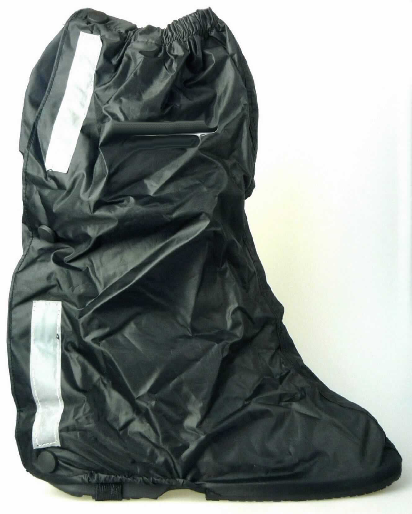 Gamaschen (lt. Antrag: "Regenüberschuh für Motorradfahrer, Artikelnummer 963.01", Foto siehe Anlage)
- aus Spinnstoffen,
- ohne Sohle, lediglich mit Steg und im Bereich der Fußspitze mit einer die Unterseite der 
  Gamasche bedeckenden, sohlenähnlichen Verstärkung aus Kautschuk,
- hinten mit Klettverschluss und Druckknöpfen,
- Teile des Fußes und des Unterschenkels bedeckend,
- mit einer Höhe von ca. 43 cm

"Gamaschen"