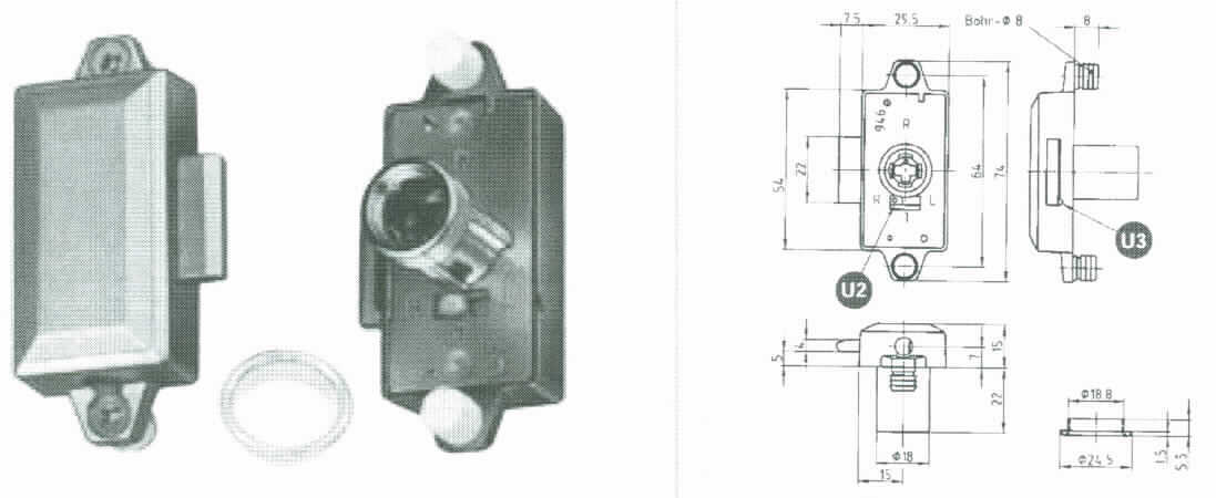 Es handelt sich um nahezu ringförmige Erzeugnisse aus unedlem Metall, die an einem Ende mit einem Kragen versehen sind (sog. Rosetten) und um rechteckige Gehäuse aus unedlem Metall (L x B x H ca. 74 x 29,5 x 15 mm) mit integriertem Schlossriegel, die an zwei gegenüberliegenden Seiten etwa mittig eine kreisrunde Öffnung zur Aufnahme einer Drehstange (nicht Gegenstand dieser vZTA) aufweisen. Die Gehäuse sind für die Befestigung an Möbeln je nach Ausführung entweder mit zwei Einpresszapfen (Ausführung Z) oder mit zwei Lochbohrungen zum Anschrauben (Ausführung A) versehen und weisen auf einer Seite eine zylinderförmige Vorrichtung (Länge x Durchmesser ca. 22 x 18 mm) zur Aufnahme eines mit einem Schlüssel zu betätigenden Wechselzylinders (nicht Gegenstand der Einfuhr) auf.
- Antragstellerangaben -

Abbildung siehe Anlage.

Derartige Erzeugnisse gehören als "Teile aus unedlen Metallen von Verschlüssen mit Schloss, aus unedlen Metallen" zur Codenummer 8301 6000 90 0 des Zolltarifs.
