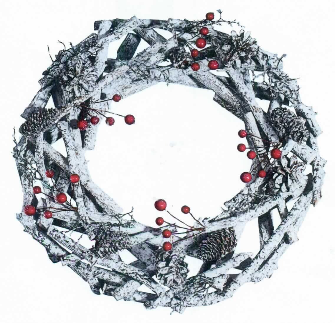 "Kranz aus Naturmaterialien, weihnachtlich dekoriert" (Abbildung siehe Anlage)
- aus kranzförmig miteinander vernagelten, getrockneten, weiß gefärbten Zweigstücken (Pflanzen-
  teile), verziert mit natürlichen, getrockneten Zapfen (Pflanzenteile), künstlichen Beeren und künstlichen
  Zweigen (Zutaten), Durchmesser ca. 36 cm, Höhe ca. 10 cm,
- wird üblicherweise vom Blumenhandel zu Zierzwecken geliefert.

"Kranz aus Pflanzenteilen, ohne Blüten oder Blütenknospen, nicht frisch, keine Moose oder Flechten,
 weitergehend bearbeitet als nur getrocknet - sog. Kranz aus Naturmaterialien, weihnachtlich dekoriert"