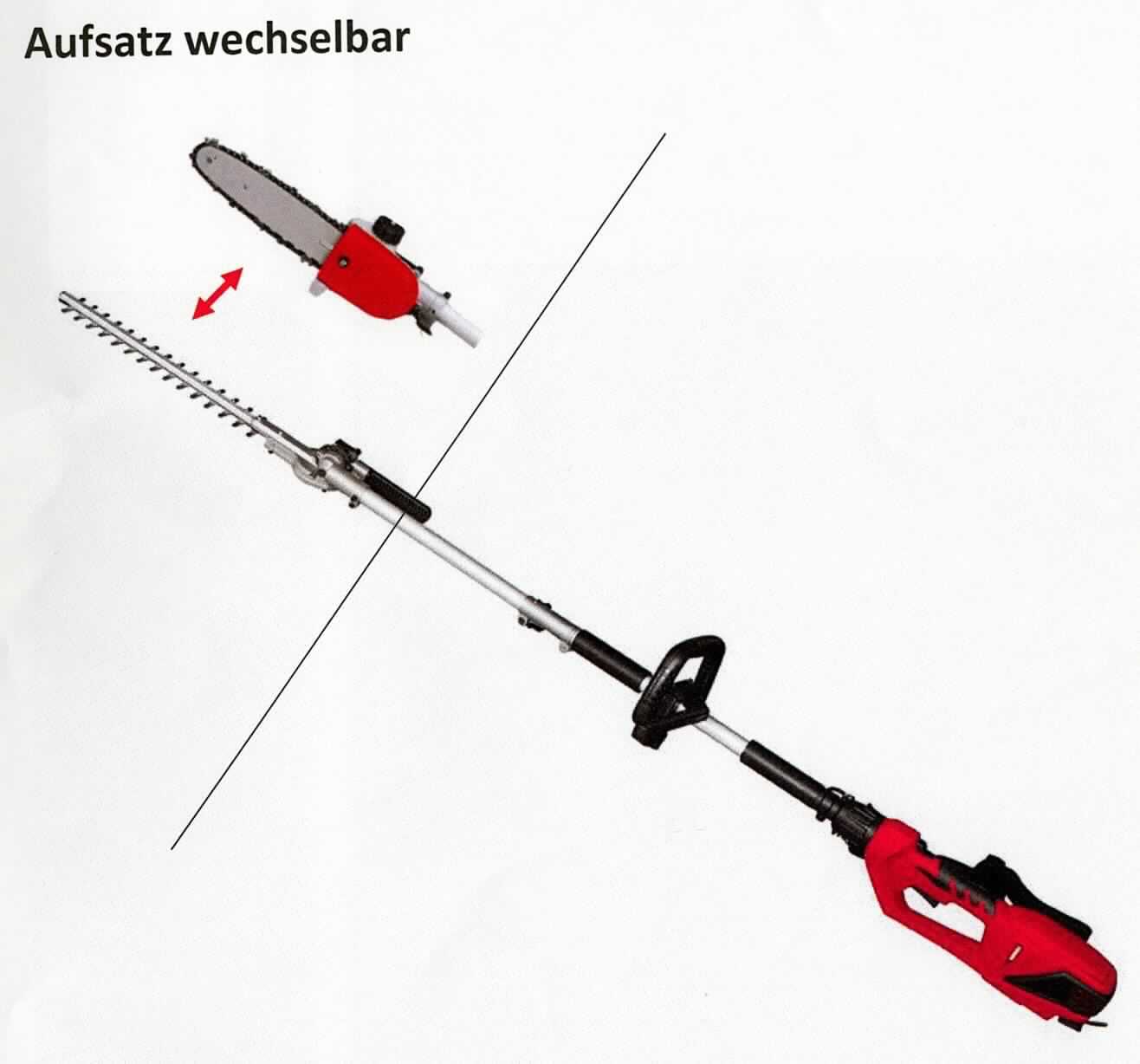 Sog. Elektro Stab-Heckenschere/-Säge, Art.Nr.: 4501280,
- aus einem spezifisch geformten Gehäuse mit Elektromotor und Bedienelementen, Teleskopverlängerung,
  Kettensägenaufsatz mit Sägekette, Heckenscherenaufsatz mit Schneideinrichtung, verstellbarem 
  Zusatzhandgriff sowie Netzkabel (Abbildung siehe Anlage),
- zum Schneiden von Hecken sowie zum Entasten,
- in einer gemeinsamen Verkaufsumschließung mit Köcher.
Die Stab-Heckenschere/-Säge bestimmt den Charakter des Ganzen.

"Von Hand zu führendes Werkzeug, mit eingebautem Elektromotor, andere Ware als in den Unterpositionen 8467 1110 00 bis 8467 2980 00 genannt (Multifunktionsgerät zum Schneiden von Hecken und Entasten -ohne kennzeichnende Haupttätigkeit- in Warenzusammenstellung mit nicht charakterbestimmendem Köcher) -sog. Elektro Stab-Heckenschere/-Säge"