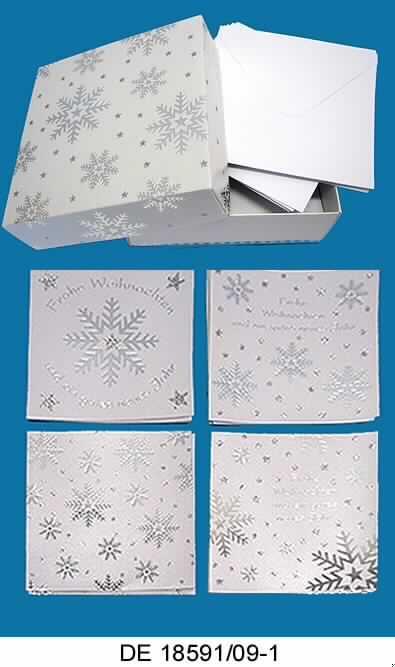 Es handelt sich um eine Zusammenstellung von neun Grußkarten und drei Korrespondenzkarten aus Kartonpapier (Format etwa 24,8 x 12,5 cm, einmal auf etwa 12,4 x 12,5 cm gefaltet) mit zwölf dazu passenden, unbedruckten Briefumschlägen aus Papier. Die Klappkarten sind auf der Vorderseite jeweils mit aufgedruckten stilisierten Schneeflocken sowie mit aufgetragenem Flitter in Form kleiner Sterne verziert und auf der Rückseite mit einer Kontaktadresse bedruckt. Die Grußkarten sind zusätzlich auf der Vorderseite mit der Aufschrift "Frohe Weihnachten und ein gutes neues Jahr" bedruckt. 
Die Klappkarten und die Briefumschläge sind getrennt gestapelt in einer innen mit einem Einleger ausgestatteten Faltschachtel mit Stülpdeckel aus Pappe aufgemacht. Die Schachtel, deren Stülpdeckel die gleichen Aufdrucke und Verzierungen wie die Klappkarten aufweist, ist zusammen mit einem mit Produktinformationen bedruckten Zuschnitt aus Kartonpapier in einer Hülle aus Kunststofffolie verpackt.
Abbildung siehe Anlage.
Derartige Warenzusammenstellungen in Aufmachung für den Einzelverkauf gehören als "Glückwunschkarten, illustriert, auch mit Umschlägen" zur Codenummer 4909 0000 00 des Integrierten Zolltarifs der EU (TARIC), da ihr wesentlicher Charakter hinsichtlich der Menge durch die Grußkarten bestimmt wird.