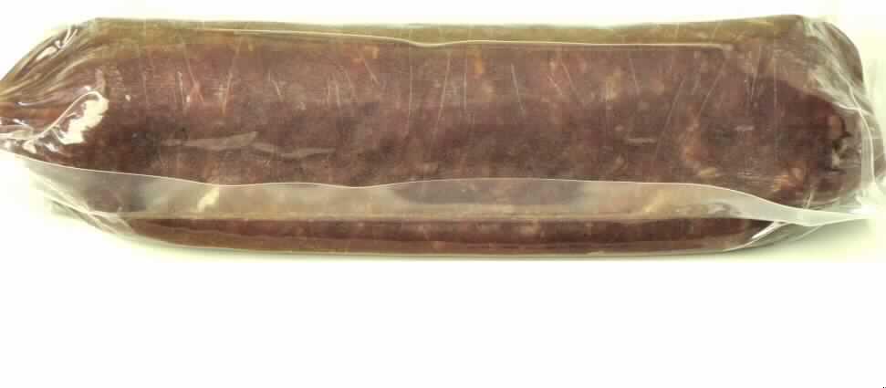 Angaben des Antragstellers: 
Luftgetrocknete Wurst aus alpinem Rind- und Schweinefleisch (Rindfleisch 62 %, Schweinefleisch 37 %).
Die Wurst wird im Stück mit einem Nettogewicht von 240 g bzw. geschnitten mit einem Nettogewicht von 100 g gehandelt.

Zur Herstellung und der genauen Zusammensetzung der Ware wurden vertrauliche Angaben gemacht.

Ergebnis der Untersuchung einer Warenprobe:
Aufmachung: Vakuumpackung mit 1 Wurst.
Kennzeichnung (Produktanhänger aus dünnem bedrucktem Holz), auszugweise: "Hatecke, CH, contadino, bouv genuin d' alpin/porch, prodot da charn da bouv e da porch, prodot d' engiadina".

Dunkelrote, magere, grobkörnige Wurst nach Art einer luftgetrockneten Rohwurst in einem Kunstdarm. 
Im Querschnitt in etwa dreieckige Form (Kantenlänge ca. 4-5 cm), Länge der Wurst: ca.19 cm. 
Nettogewicht: 263,5 g.