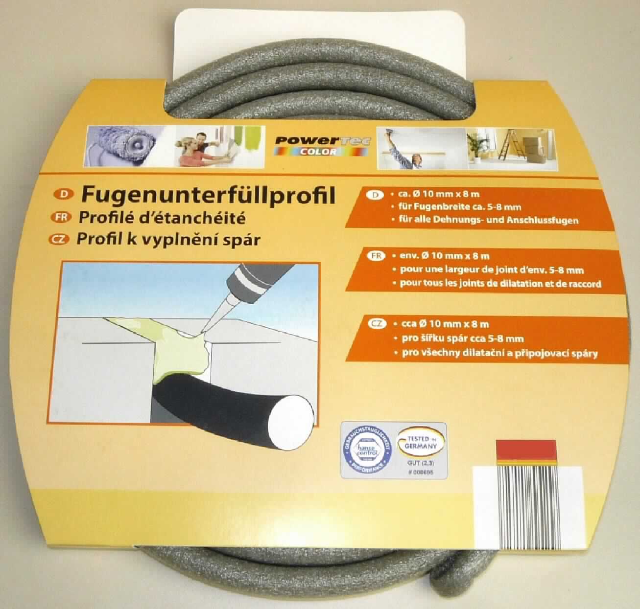 Angaben des Antragstellers:
Fugenunterfüllprofil - zum Hinterfüllen von Dehnungs- und Anschlussfugen.
Material: PE (Polyethylen) Schaum, grau; Länge: 8 m; Durchmesser: 10 mm

Untersuchungsergebnisse an einem Warenmuster:
Graues Monofil aus Zellkunststoff (Durchmesser: ca. 1 cm). Das Monofil befindet sich aufgerollt in Aufmachung für den Einzelverkauf in einer bunt bedruckten Pappverpackung (siehe Abbildung).

Befund:
Es liegt ein Monofil aus Polyethylen im Sinne der Position 3917 vor.