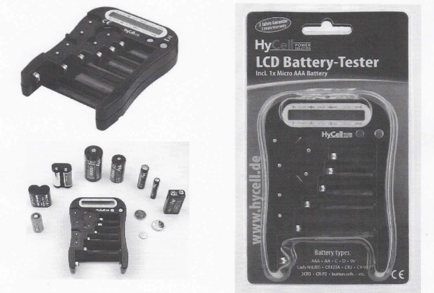 Sog. "HyCell" Batterietester (Artikel-Nr.: 1900-0037) in Form einer Warenzusammenstellung in Aufmachung für den Einzelverkauf, im Wesentlichen bestehend aus einem in Bezug auf die Verwendung charakterbestimmenden Messgerät und einer Micro AAA Batterie in einer gemeinsamen Blisterverpackung.

Das Messgerät besteht aus einem Gehäuse aus Kunststoff (Abmessungen: 118 x 88 x 23 mm) mit insgesamt 11  Batteriefächern verschiedenster Größen inklusive Prüfkontakte für die jeweils zu testenden Batterien, einem LC-Display, einem Batteriefach und einem Gewicht von 89 g. Das Gerät dient der Prüfung des Ladezustandes von handelsüblichen Primärelementen, hier die Standardzellen Micro AAA, Mignon AA, Baby C, Mono D, Lady N (LR1), 9V-Block, CR123A, CR2, CR-V3, 2CR5 und CR-P2. Die Batterien werden dazu in die jeweils vorgesehenen Batteriefächer eingelegt und der Ladezustand auf dem Display abgelesen.

Die Ware wird als "elektronisches Gerät zum Messen oder Prüfen elektrischer Größen (Spannung), anderes als Multimeter, ohne Registriervorrichtung, nicht für zivile Luftfahrzeuge bestimmt" eingereiht.

Anlage: 1 Abbildung