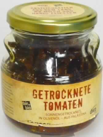 Getrocknete Tomaten.

Antragsangaben (als zutreffend unterstellt): Sonnengetrocknete Tomaten aus Palästina, bio, 225 g. 

Beschaffenheit der vorgelegten Warenprobe: Original-Schraubglas mit einem Inhalt von 225 g. Aufschrift, auszugsweise: Getrocknete Tomaten, sonnengetrocknet, in Olivenöl, dwp. Zutaten: Getrocknete Tomaten, Olivenöl, Meersalz." Inhalt: stark getrocknete, ungeschälte Tomaten, würzig schmeckend.

Tomaten, anders als mit Essig oder Essigsäure zubereitet oder haltbar gemacht, ganz oder in Stücken, nicht geschält.