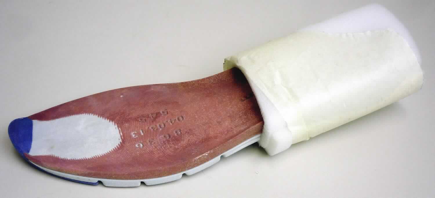 Angaben:
Sohlen Maquette aus Gips; Sohlen aus Gips; Dummy, der zur Modellentwicklung dient.

Warenbeschaffenheit:
Modell einer Schuhsohle, Unterseite grau und lila, Oberseite rotbraun und hellgrau, an der Spitze lila.

Befund:
andere Waren aus Gips