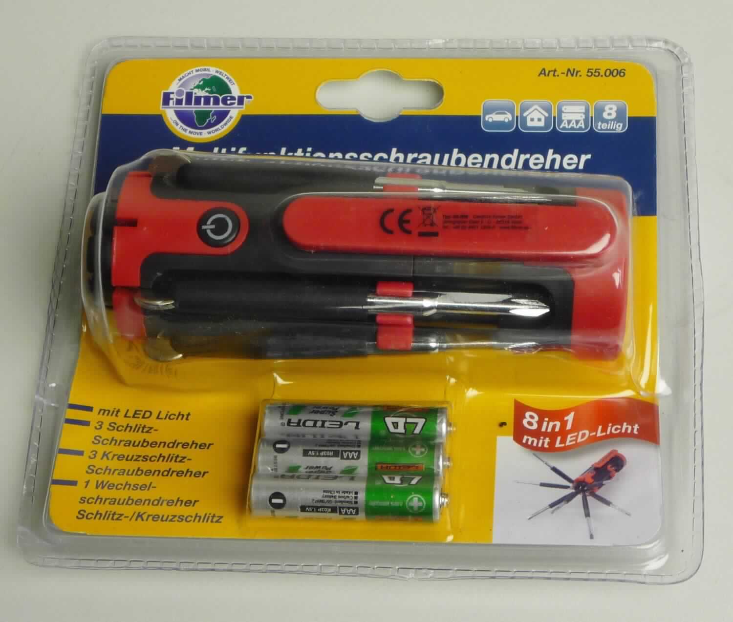 "Multifunktionsschraubendreher";
Warenzusammenstellung, in Aufmachung für den Einzelverkauf, bestehend aus einer Ware aus verschiedenen Bestandteilen, bestehend aus

- sieben ausklappbaren Schraubendrehern mi geradem Antrieb (3x Schlitz, 3x Kreuzschlitz,
  1x Wechselschraubendreher), jeweils mit arbeitendem Teil aus unedlem Metall

- einer Taschenlampe mit vier LED, mit Druckknopf zum Ein- und Ausschalten sowie
  Batteriefach

- - mit einem Gürtelclip am Griff versehen

- - insbesondere im Hinblick auf die Menge bestimmen die Schraubendreher den Charakter der
    aus verschiedenen Bestandteilen bestehenden Ware

- gemeinsam mit drei AAA Batterien auf einer bedruckten Pappunterlage aufgeblistert

- innerhalb der Warenzusammenstellung ist die Ware aus verschiedenen Bestandteilen insbesondere
  aufgrund der Bedeutung für die Verwendung charakterbestimmend

Abbildung siehe Anlage.

Derartige Erzeugnisse gehören als "Handwerkzeuge (Schraubendreher), anderweit weder genannt noch inbegriffen, mit arbeitendem Teil aus unedlem Metall" zum TARIC-Code 8205 4000 00.