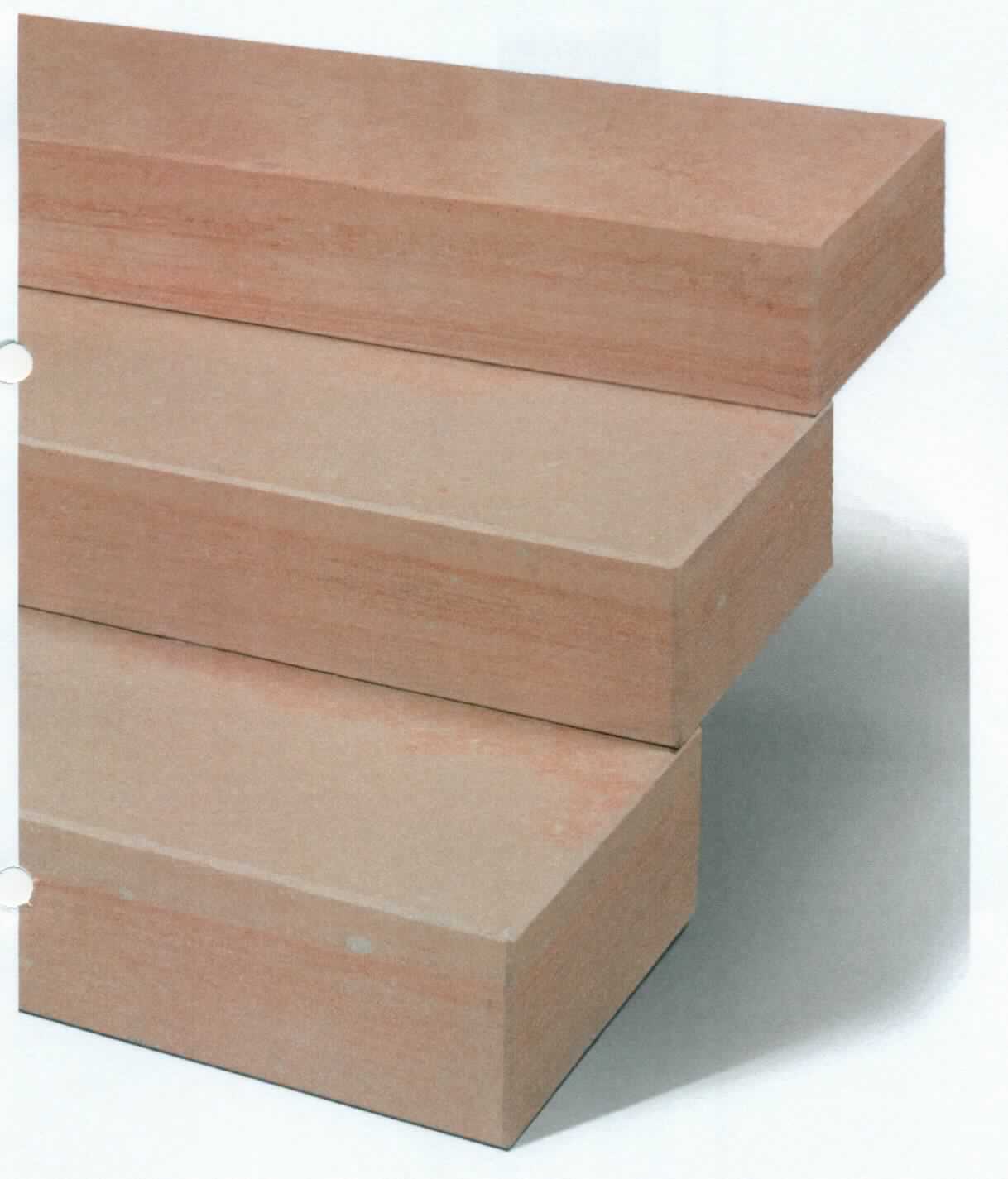 Angaben:
Blockstufen, ARAVALLI
Bearbeitung: allseits geflammt, Kanten gefast
Farbe: terracotta-orange
Material: Sandstein 
Herkunft: Indien 
Größe: 15x35x50 cm 70 kg/Stück 
Größe: 15x35x80 cm 112 kg/Stück 
Größe: 15x35x100 cm 140 kg/Stück 
Größe: 15x35x120 cm 168 kg/Stück 
Größe: 15x35x150 cm 210 kg/Stück 

Befund:
Bearbeitete Werksteine und Waren daraus