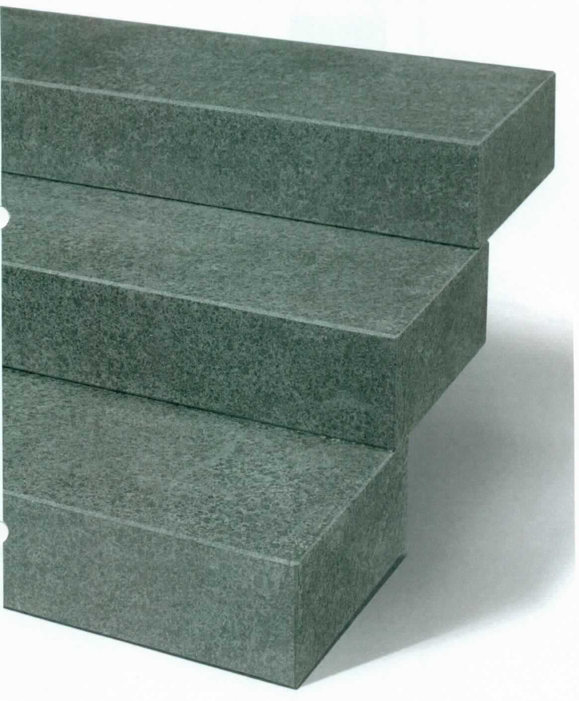 Angaben:
Blockstufen NERO EXACTA -geflammt- 
Bearbeitung: allseits geflammt, Kanten gefast, nicht säure- & tausalzbeständig, Gestein enthält gesteinsimmanente Haarrisse
Farbe: dunkel-grau-schwarz
Material: Basalt 
Herkunft: China 
Größe: 15x35x50 cm 80 kg/Stück 
Größe: 15x35x80 cm 130 kg/Stück 
Größe: 15x35x100 cm 160 kg/Stück 
Größe: 15x35x120 cm 190 kg/Stück 
Größe: 15x35x150 cm 240 kg/Stück

Befund:
Bearbeitete Werksteine und Waren daraus