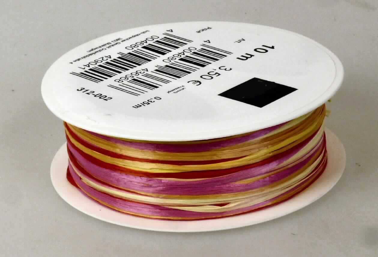 Streifen, sog. Dekoband, Art. 312-002, Foto siehe Anlage,
- fünf verschiedenfarbige Streifen als Meterware mit einer Länge von 10 m auf einer Spule aufgewickelt,
- aus künstlicher Spinnmasse (lt. Antrag: Viskose),
- gefaltet, mit einer Streifenbreite von ca. 3 mm.

"Streifen aus künstlicher Spinnmasse, mit einer augenscheinlichen Breite von weniger als 5 mm"
