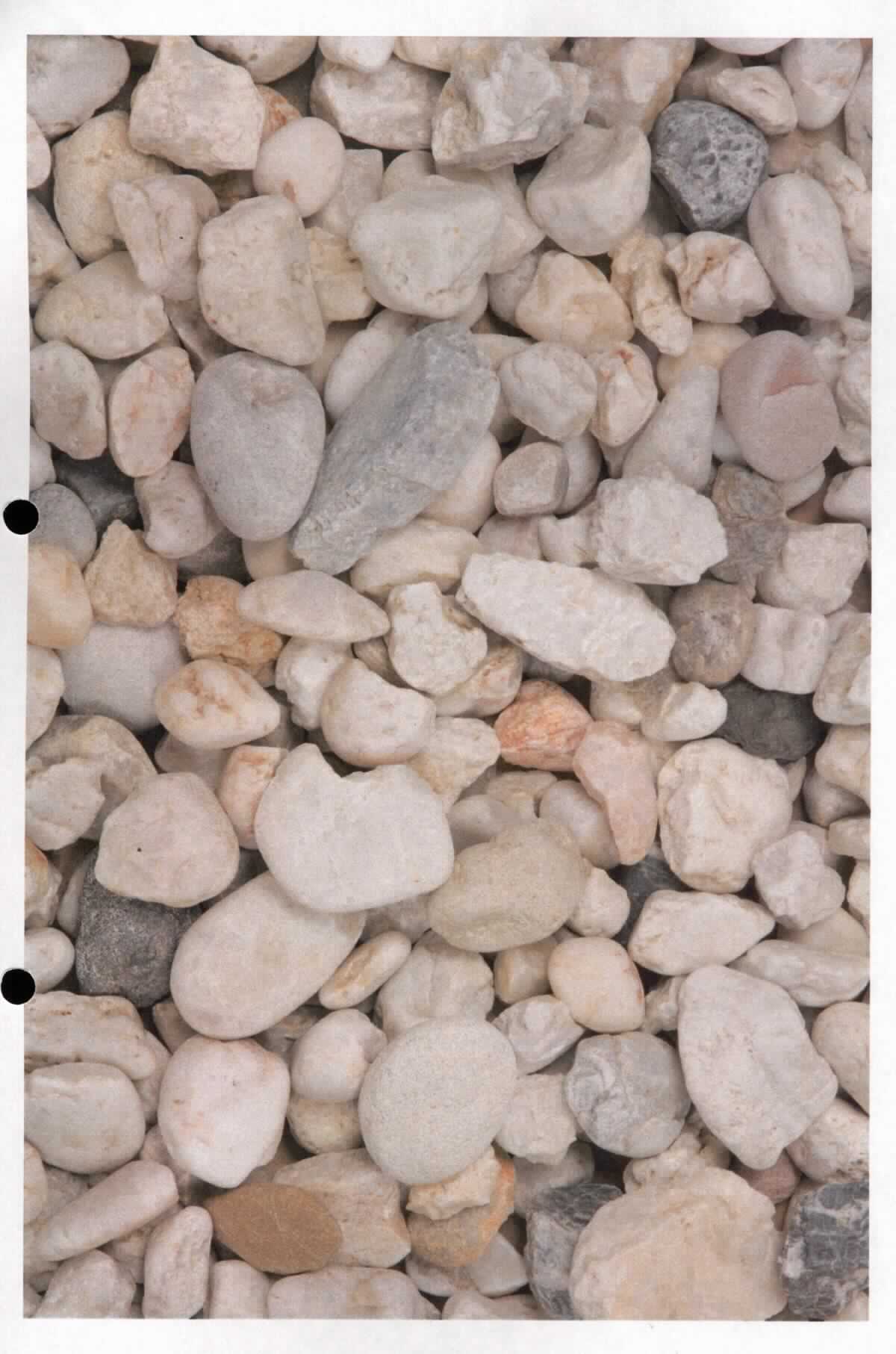 Angaben:
Kies QUARZKIES HELL 
Bearbeitung: naturrund
Farbe: hell-bunt
Material: Quarzit 
Herkunft: Deutschland 
Größe: 8-12 mm  
Größe: 20-40 mm 

Befund:
Körnungen von Steinen der Position 2516