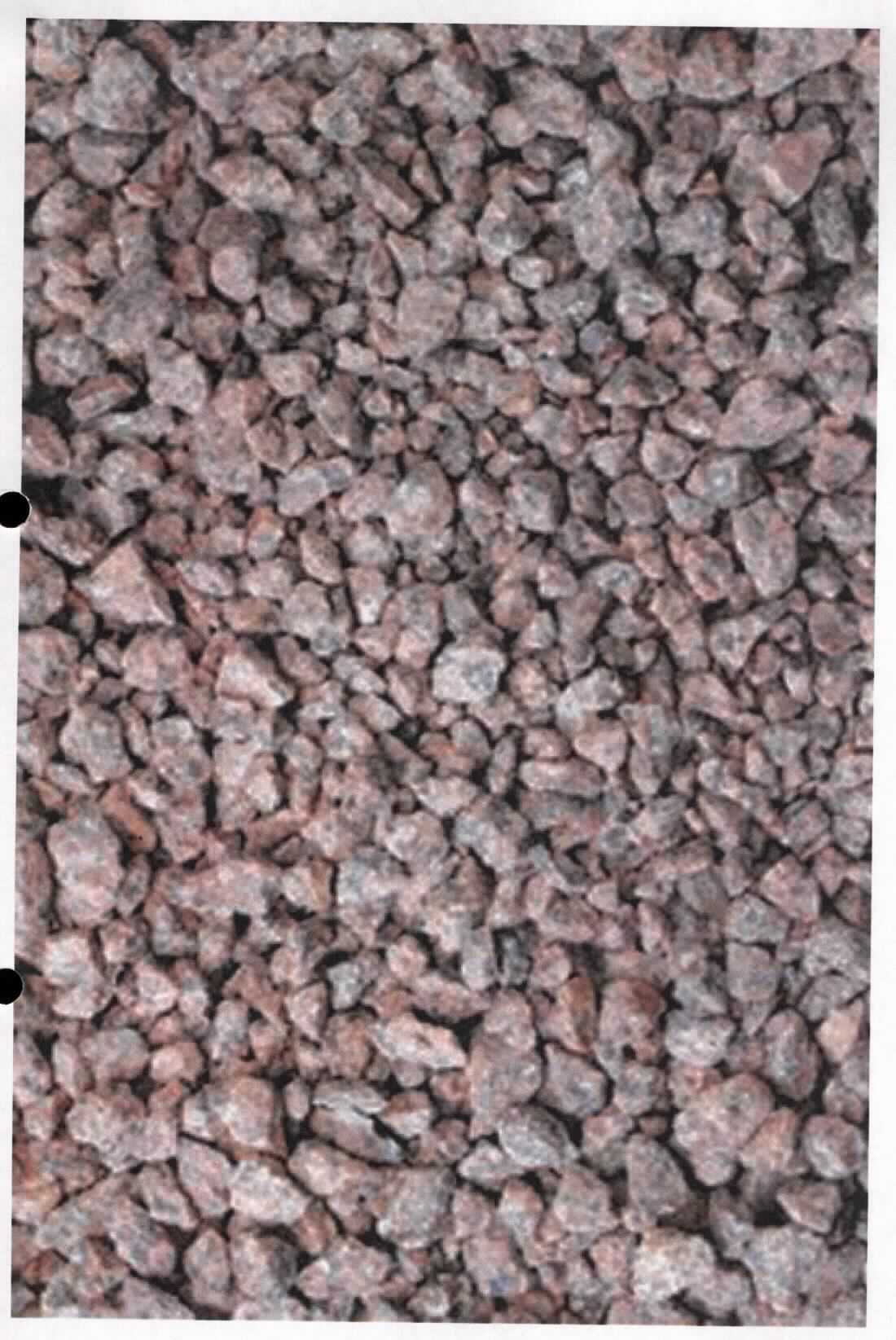 Angaben:
Splitt TERZO ROSSO
Bearbeitung: Oberfläche gebrochen
Farbe: rot
Material: Granit 
Herkunft: Deutschland 
Größe: 8-16 mm  
Größe: 16-32 mm 
 
Befund:
Körnungen von Steinen der Position 2516