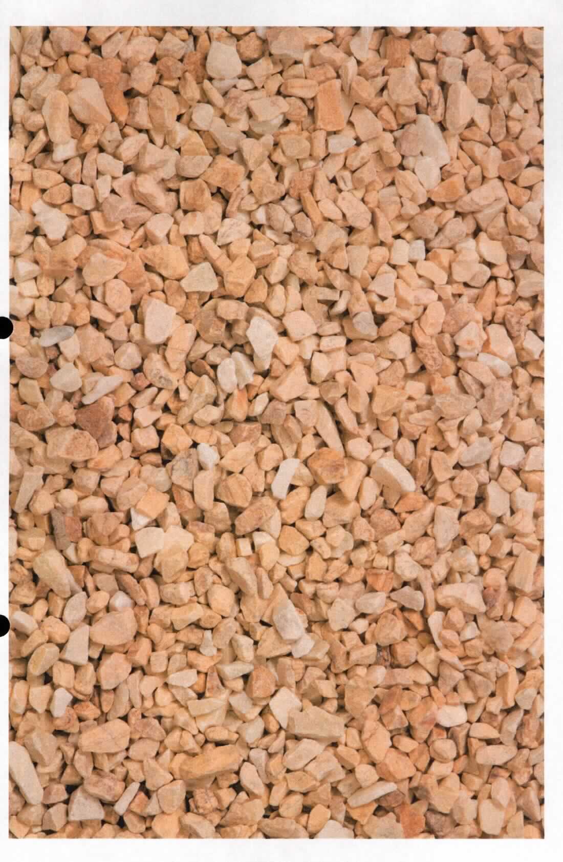 Angaben:
Splitt PROVENCESPLITT
Bearbeitung: Oberfläche gebrochen
Farbe: beige-gelb
Material: Kalkstein 
Herkunft: Frankreich 
Größe: 8-12 mm 

Befund:
Körnungen von Steinen der Position 2515 oder 2516