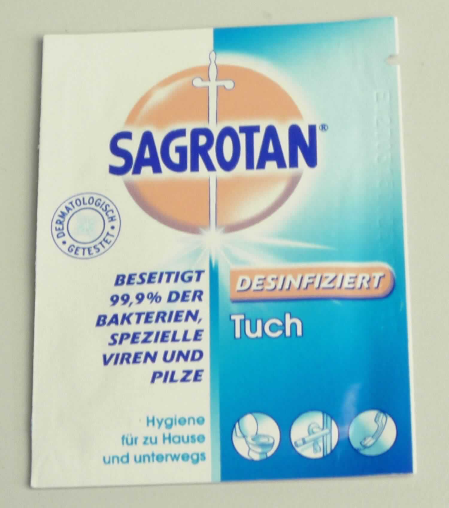 Angaben:
Desinfektionstuch. Es soll zur Reinigung und Desinfektion von Flächen und Gegenständen genutzt werden.

Feststellungen:
Papiertuch in Einzelverpackung aus Verbundmaterial in den Farben blau und rosa. Bedruckt u.a. mit "Sagrotan; desinfiziert; Tuch; Beseitigt 99,9% der Bakterien, spezielle Viren und Pilze". Auf der Rückseite befindet sich eine Bedienungsanleitung, eine Inhaltsstoffangabe und ein Gefahrenhinweis "leichtentzündlich". Der Geruch ist typisch für Desinfektionsmittel.

Befund:
Verschiedene Erzeugnisse der chemischen Industrie; Insektizide, Rodentizide, Fungizide, Herbizide, Keimhemmungsmittel und Pflanzenwuchsregulatoren, Desinfektionsmittel und ähnliche Erzeugnisse, in Formen oder Aufmachungen für den Einzelverkauf oder als Zubereitungen oder Waren (z. B. Schwefelbänder, Schwefelfäden, Schwefelkerzen und Fliegenfänger); andere; Desinfektionsmittel; andere.