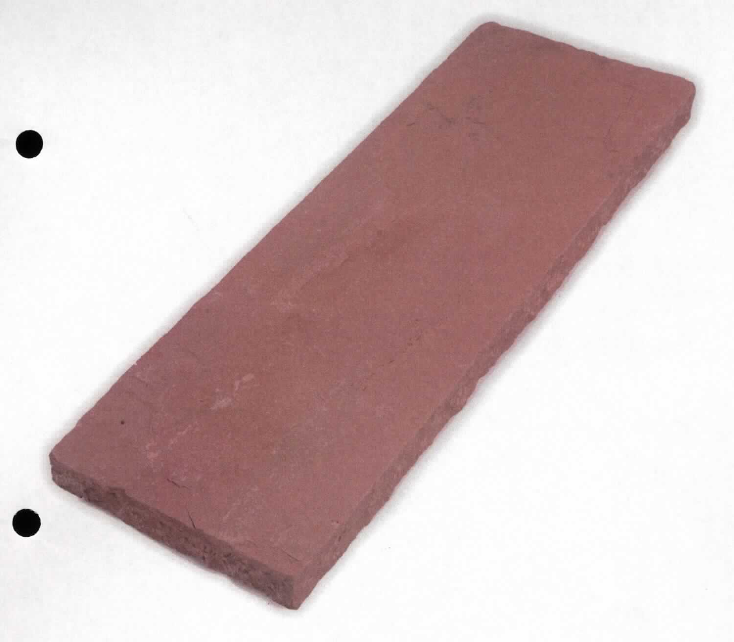 Angaben:
Abdeckplatten MODAC
Bearbeitung: Oberfläche spaltrau und sehr eben, Kanten überspitzt, Unterseite kalibriert mit Wassernase an den Längsseiten 
Farbe: rötlich bunt 
Material: Sandstein 
Herkunft : Indien 
Größe 4 x 28 x 100 cm 30 kg/Stück 
Größe 6 x 35 x 100 cm 59 kg/Stück
 

Befund:
Bearbeitete Werksteine und Waren daraus