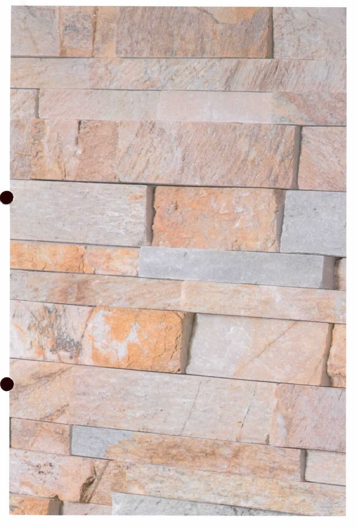 Angaben:
Verblender INKA ROX 
Bearbeitung: Oberfläche naturrau, Seiten gesägt, als System verklebt, zur einfachen Montage Z-Typ, Rückseite gesägt & eben 
Farbe: gelbgrau 
Material: Quarzit 
Herkunft: China 
Größe: 55/60 x 15 x 2,5-3,5 cm 75 kg / qm

Befund:
Bearbeitete Werksteine und Waren daraus
