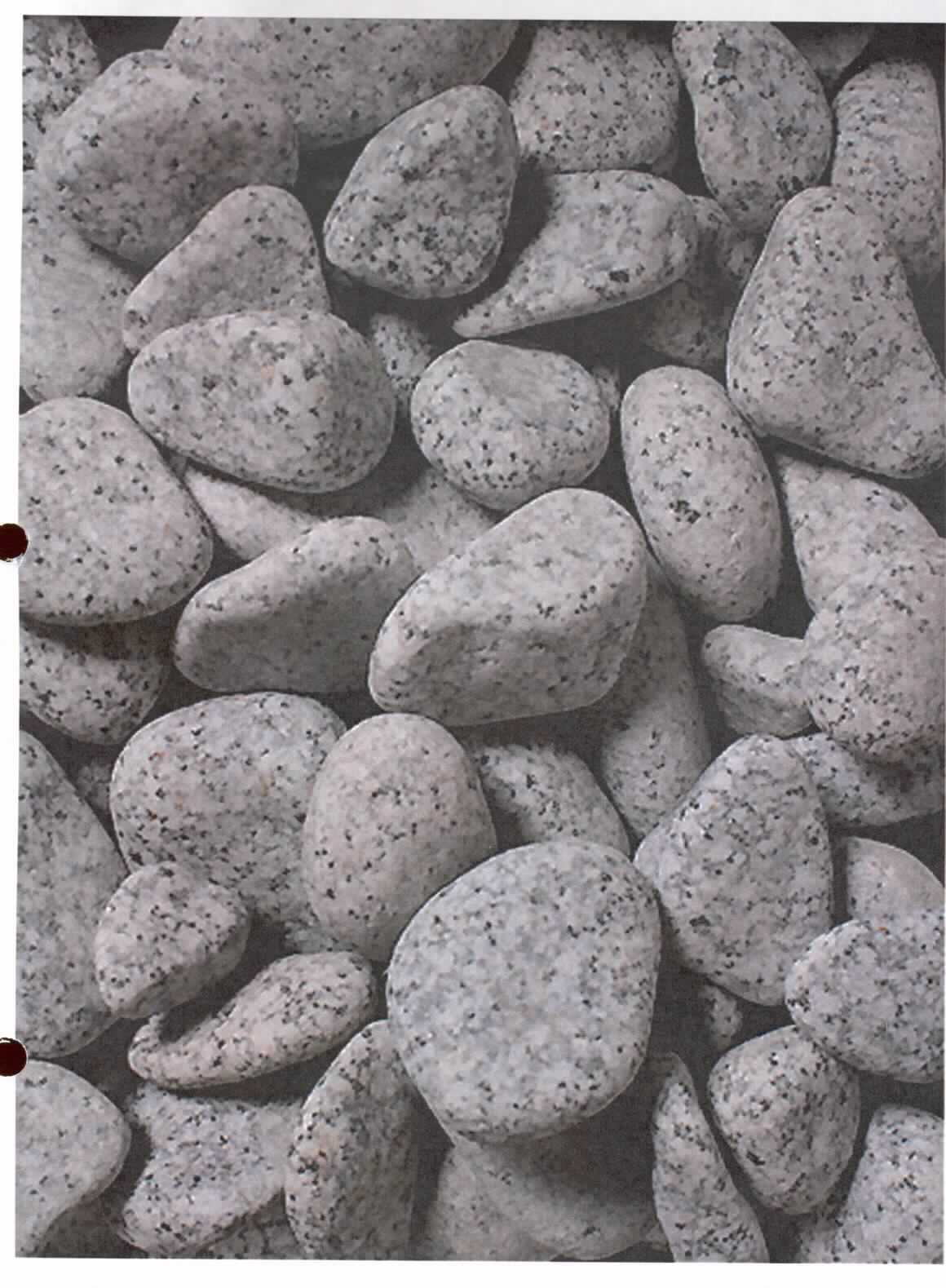 Angaben:
Kies ROYAL 
Bearbeitung: getrommelt 
Farbe: hellgrau 
Material: Granit 
Herkunft: Türkei 
Größe: 10-20 mm  
Größe: 20-40 mm  
Größe: 40-60 mm  

Befund:
Bearbeitete Werksteine und Waren daraus