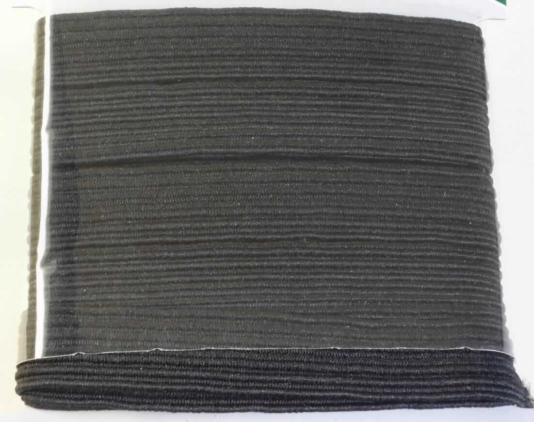 Geflecht, sog. Breit-Elastic, Art. 1210, Fotos siehe Anlage,
- auf einer Pappunterlage aufgebracht,
- als Meterware,
- laut Antrag mit einer Länge von 2 m und einer Breite von 12 mm,
- aus einem bandartigen Geflecht aus laut Antrag Polyester (synthetische Chemiefasern) und Gummi 
 (Kautschukfäden).

"Geflecht als Meterware"