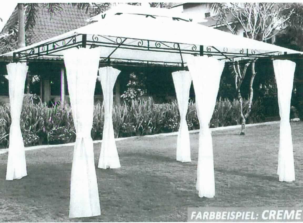 Zelt, sog. Gartenlaube, Foto siehe Anlage,
- anhand eines Fotos und eines Gewebeabschnitts veranschaulicht,
- als Gartenpavillon gearbeitet; noch nicht zusammengesetzt eingehend,
- laut Antrag:
-- mit einer rechteckigen Grundfläche von 4 m x 3 m und einer Gesamthöhe von 2,95 m,
-- mit einer Grundkonstruktion aus unedlem Metall,
-- mit einer Dachbespannung und Seitenteilen aus ca. 0,3 mm dicken, einfarbigen Geweben aus 100 % Polyester 
   (synthetische Chemiefasern),
-- bildet in zugezogenem Zustand einen geschlossenen Raum, erfüllt somit die Begriffsbestimmung für ein Zelt, 
- durch Zusammenfügen konfektioniert,
- im Hinblick auf die Verwendung als Zelt bestimmen die Materialien der Dachbespannung und der Seitenteile 
  (Gewebe) den Charakter der Ware,
- aufgrund der Beschaffenheit (u. a. keine festen Seitenwände) keine Ware der Position 9406.

"Zelt, aus Spinnstoffen, aus synthetischen Chemiefasern"