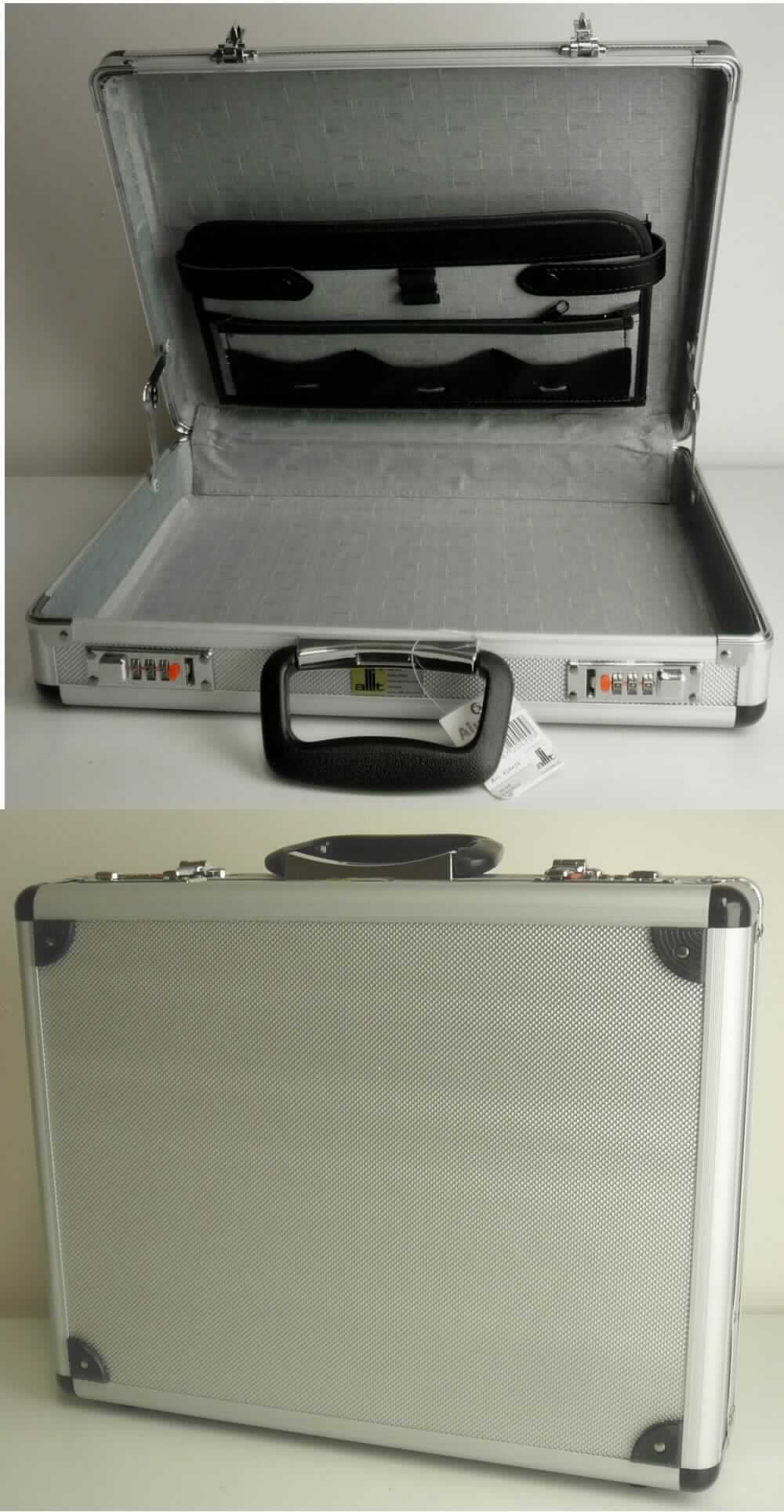 Aktenkoffer, Foto siehe Anlage, 
- mit einer Außenseite aus metallfarbenen Kunststofffolien auf einer dünnen Unterlage aus strukturiertem Kunststoff,
- - auf einer Unterkonstruktion aus Holzfaserplatten aufgeklebt,
- mit Rahmen aus Aluminium und Eckverstärkungen aus formgepresstem Kunststoff,
- mit vier Stellfüßen aus Kunststoff,
- mit einem Bügeltragegriff aus Kunststoff,
- mit einem aufklappbaren Deckel mit zwei Zahlenschlössern mit Schnappverschluss,
- innen mit Spinnstoff gefüttert,
- auf der Innenseite des Deckels mit zwei Stiftlaschen, einem offenen, Einsteckfach im Aktenformat, einem Reißver-
  schlussfach, einem Einsteckfach mit Druckknopfverschluss sowie drei weiteren, kleinen offenen Einsteckfächern
  ausgestattet,
- in den Abmessungen: ca. 40 (Breite) x 32 (Höhe) x 10 cm (Tiefe).

"Aktenkoffer, mit Außenseite aus Kunststofffolien"
