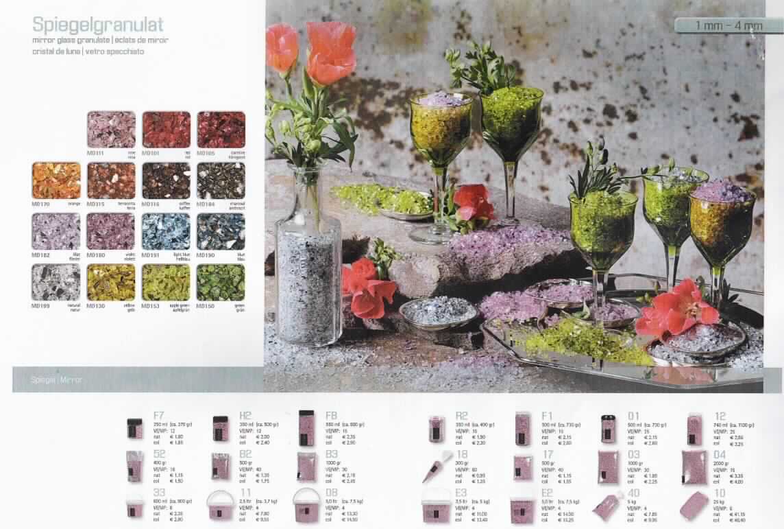 Scherben von Glas, sog. Spiegelgranulat, Muster 15, Foto siehe Anlage,
- in Form von flachen, unregelmäßig geformten Plättchen,
- mit unregelmäßigen Bruchkanten (ohne scharfe Kanten),
- aus gefärbtem Glas (sog. Spiegelbruch) hergestellt,
- teilweise mit einer verspiegelten und einer matten Seite,
- lt. Antrag mit einer Körnung von 1 mm bis 4 mm,
- soll zu Dekorationszwecken verwendet werden,
- eine Vielzahl der Scherben sind gemeinsam in einem zur Verpackung dieser
  Waren üblichen Behälter (Dose) aus Kunststoff mit Schraubdeckel verpackt.

"Scherben von Glas"