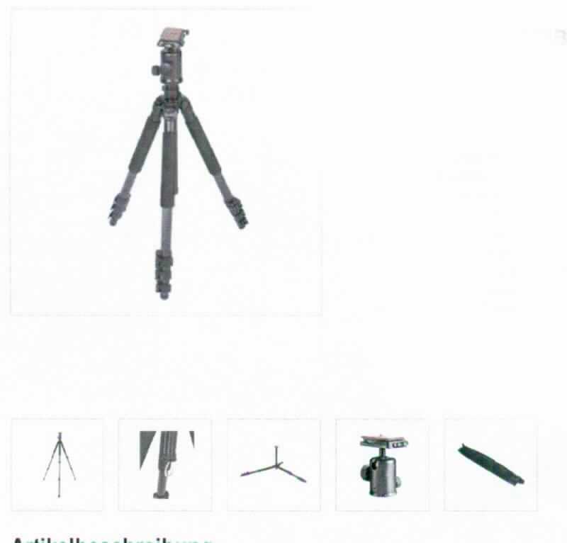 Sog. "Fotostativ Carbon, Art. 16418", im Wesentlichen bestehend aus einem dreibeinigen Ständer aus Carbon, der mit einer drehbaren Mittelsäule sowie einem Stativkugelkopf mit Schnellwechselplatte aus Magnesium ausgestattet ist. 

Das Stativ baut sich auf drei rohrartigen Teleskopbeinen auf, die mit einer Schaumstoffummantelung sowie drei Schnellspannhebeln versehen sind, wodurch das Stativ von ca. 32,0 auf bis zu 160,0 cm Höhe ausgezogen und in der jeweiligen Höhe arretiert werden kann. Die Schenkel sind an einer Muffe befestigt und können über drei Klickverschlüsse zum Transport auseinander- oder zusammengeklappt werden. Die Mittelsäule ist am unteren Ende mit einem Beschwerungshaken ausgerüstet, an welchem Gewichte angehängt werden können, um das Stativ zu stabilisieren. Über ein 1/4 Zoll Außengewinde erfolgt die Montage eines Kopfes oder eines Neigers. 
Der Stativkugelkopf wird auf der Mittelsäule befestigt und ist mit einem Drehgelenk ausgestattet, das mit einer Handschraube fixiert werden kann. Er ist horizontal um 360° frei drehbar und mit einer Skala zur Anzeige des Drehwinkels versehen. Im Mittelteil ermöglicht eine zusätzliche U-Aussparung einen schnellen Wechsel ins Hochformat. Diese Position lässt sich ebenfalls mittels einer Handschraube fixieren. Der Kugelkopf endet in einer sog. Panoramaplatte, die zugleich als Aufnahmevorrichtung für eine Schnellspannplatte dient. An dieser Aufnahmevorrichtung sind zwei Libellen (Wasserwaagen) angebracht, die zur Ausnivellierung dienen. Mittels einer Stativschraube mit 1/4 Zoll oder 3/8 Zoll Gewinde kann die Kamera entweder auf die Schnellwechselplatte am Kopf oder direkt auf dem Stativ montiert werden.  

Das Stativ (mit einem Eigengewicht von bis zu 1700 g und einer max. Traglast von ca. 5 kg), ist in einer Transporttasche verpackt und dient als Foto- bzw. Videostativ, z.B. für Spiegelreflexkameras.

Äußere Form: siehe Abbildung in der Anlage

Die Ware wird als "Zubehör erkennbar hauptsächlich bestimmt für Fotoapparate" eingereiht.