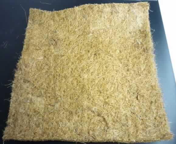 Nadelfilz, sog. Kokosschutzmatte, siehe Foto,
- rechteckig zugeschnitten, somit nicht konfektioniert,
- in den Abmessungen von 41 cm x 38 cm,
- laut Untersuchungsergebnis Nadelfilz aus laut Antrag Kokosfasern (der Position 5305), 
- weder getränkt, bestrichen, überzogen noch mit Lagen versehen,
- dient lt. Antrag als Untersetzer für Pflanzentöpfe im Winter.