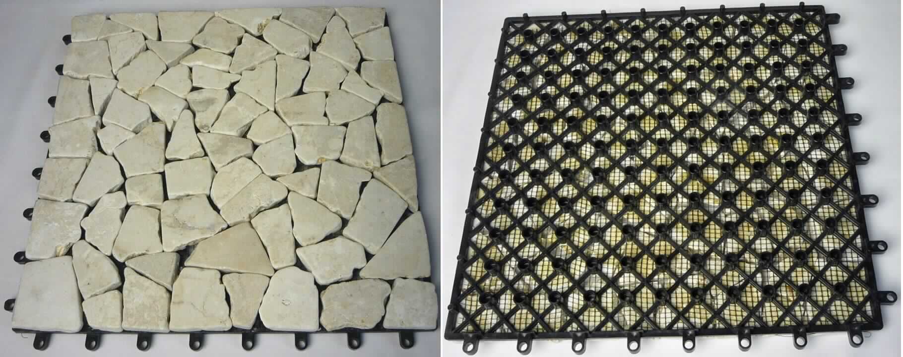 Angaben:
Warenbezeichnung: Mosaik Fliese - Material: Marmor Mosaik Steinchen, Kunststoffgitter - Abmessungen: 30 x 30 x 2,2 cm - Verpackung/Verkauf: im Karton, in 6er Bündel zusammengefügt.

Feststellungen:
äußere Beschaffenheit des vorgelegten Warenmusters: auf ein quadratisches, schwarzes Kunststoffgitter aufgeklebte, unregelmäßig geformte, flache, beigefarbene Steinchen. Die größte Fläche der Steine kann überwiegend in ein Quadrat mit einer Seitenlänge von weniger als 7 cm eingeschlossen werden.

Die Angaben der Antragstellerin werden als zutreffend unterstellt.

Befund:
Als charakterbestimmender Bestandteil der "Mosaik-Fliese" aus auf ein Kunststoffgitter aufgeklebten Marmorsteinchen werden die Steine aus Marmor angesehen (Allgemeine Vorschrift 3b). Danach handelt es sich um Fliesen, Würfel und dergleichen, auch in anderer als quadratischer oder rechteckiger Form, deren größte Fläche in ein Quadrat mit einer Seitenlänge von weniger als 7 cm eingeschlossen werden kann, der Position 6802 des Zolltarifs.