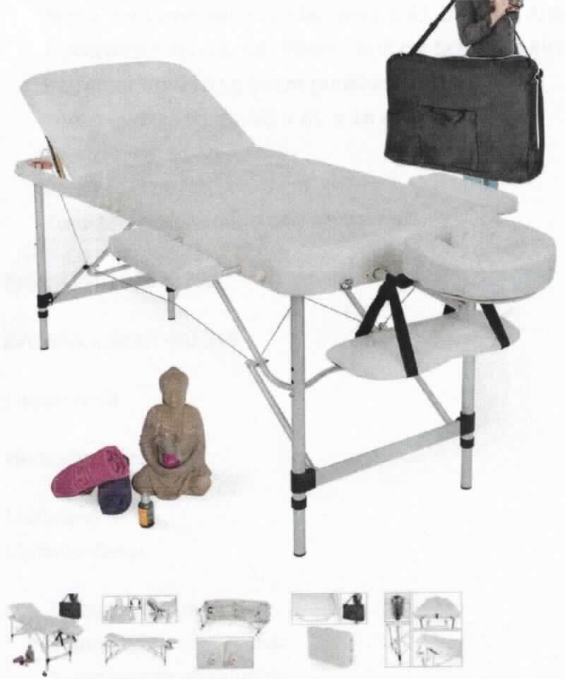 Es handelt sich um eine Liege zur Massage mit Aluminiumrahmen, ca. 5 cm dicker Polsterung, Vinylbezug, rutschfesten Kunststofffüßen, abnehmbarer Kopfstütze, herausnehmbarer Gesichtsaussparung, abnehmbaren Armlehnen, einer einstellbaren Arbeitshöhe von ca. 68 bis 90 cm, einer Länge (mit Kopfstütze) von ca. 210 cm sowie einer Breite (mit Armlehnen) von ca. 95 cm und einer Belastbarkeit von bis zu ca. 250 kg.

Die Ware ist zusammengeklappt in einer für diese Ware hergerichteten Umhängetasche und in einem Karton verpackt.

Das Erzeugnis ist als "Möbel für die Humanmedizin, Massageliege" einzureihen.