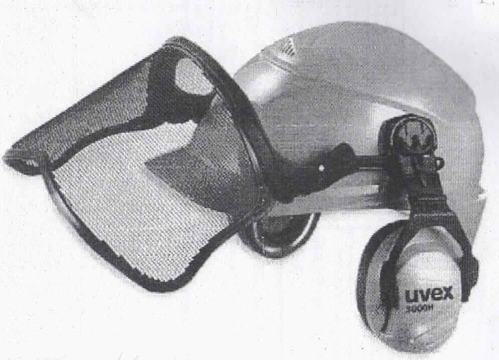 Sicherheitskopfbedeckung, sog. Waldarbeiterset II, Abbildung siehe Anlage,
- Schutzhelm aus Kunststoff,
- mit einer Weitenregulierung zur Anpassung an die Kopfgröße,
- ausgestattet (am Helm befestigt) mit
- - einem Gittervisier aus Metall,
- - einem Gehörschutz aus Kunststoff,
- die Sicherheitskopfbedeckung wird zerlegt (Helm, Visier und Gehörschutz) eingeführt.

"Sicherheitskopfbedeckung, ausgestattet, aus Kunststoff"