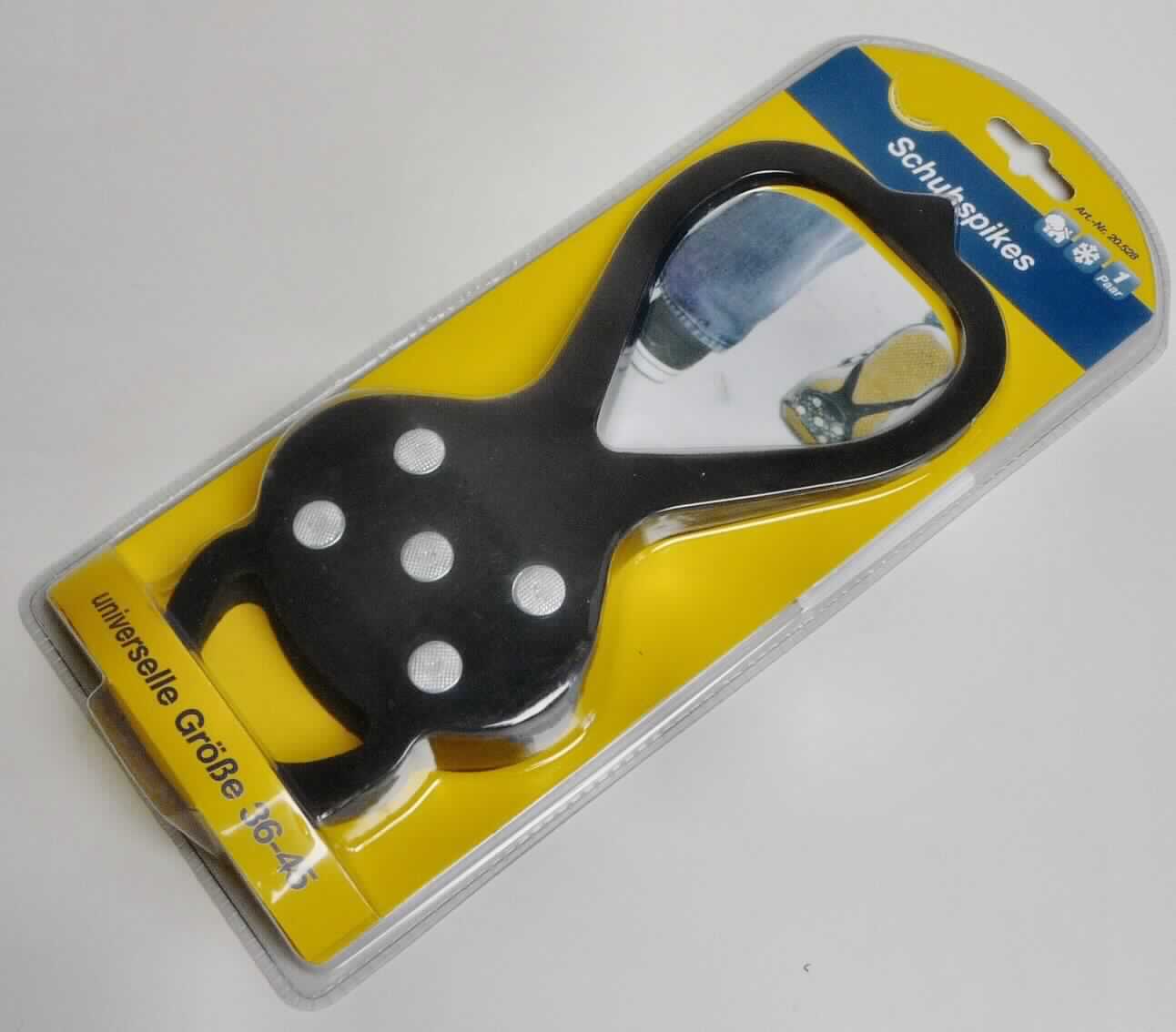 Angaben des Antragstellers:
Schuhspikes im Set, universelle Größe 36-45, vermindert das Risiko des Ausrutschens auf Schnee und Eis deutlich
Fünf integrierte rostfreie Edelstahlspikes pro Schuh, dauerelastisches, wetterfestes Gummiband, schnell und bequem anzulegen, keine Minderung des Tragekomforts.
Menge: 1 Paar (1 x rechten Fuß, 1 x für linken Fuß)
Material: EPDM (Kautschuk), Stahl
Artikel-Nr. 20.528

Untersuchungsergebnis an einem Warenmuster:
Zwei schwarze, elastische, flache, individuell geformte Schuhunterlagen (Länge: ca. 25,4 cm; Breite: ca. 10,5 cm), jeweils mit fünf Metallspikes versehen. Die Unterlagen befinden sich in Aufmachung für den Einzelverkauf in einer Kunststoffverpackung mit bunt bedruckter Pappeinlage.

Befund:
Es liegen andere Gummi-Metall-Teile im Sinne der Unterposition 4016 9991 vor.