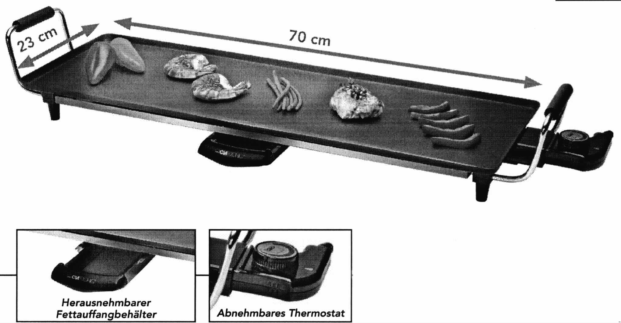 Elektrisches Bratgerät
- aus einem Gehäuse mit antihaftbeschichteter "Grillfläche" (Maße ca. 70 x 23 cm), mit
  stufenlos regelbarem Thermostat, Ablaufrinne für Fett sowie herausnehmbarem
  Fettauffangbehälter, Kabelanschluss und Stecker,
- für den 230 Volt Netzbetrieb, mit einer Leistung von 1800 Watt, 
- zur Verwendung als Haushaltsgerät.

"Elektrowärmegerät für den Haushalt; Multi-Grill"