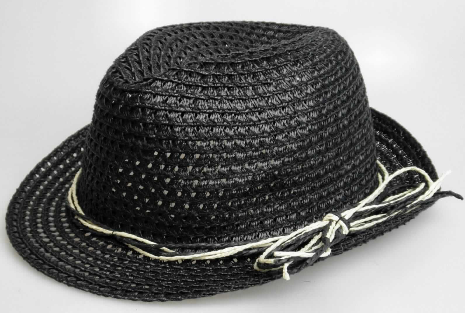 Hut, sog. Damen Strandhut (schwarz), Foto siehe Anlage, 
- aus spiralförmig zusammengenähten Streifen aus geflochtenen Spinnstoffen hergestellt,
- mit einer umlaufenden, ca. 5 cm breiten Krempe,
- außen mit vier umlaufenden, angenähten Schnüren ausgestattet,
- innen mit einem eingenähten Schweißband ausgestattet.

"Hut, durch Verbindung von Streifen aus Stoffen aller Art hergestellt, ausgestattet"
