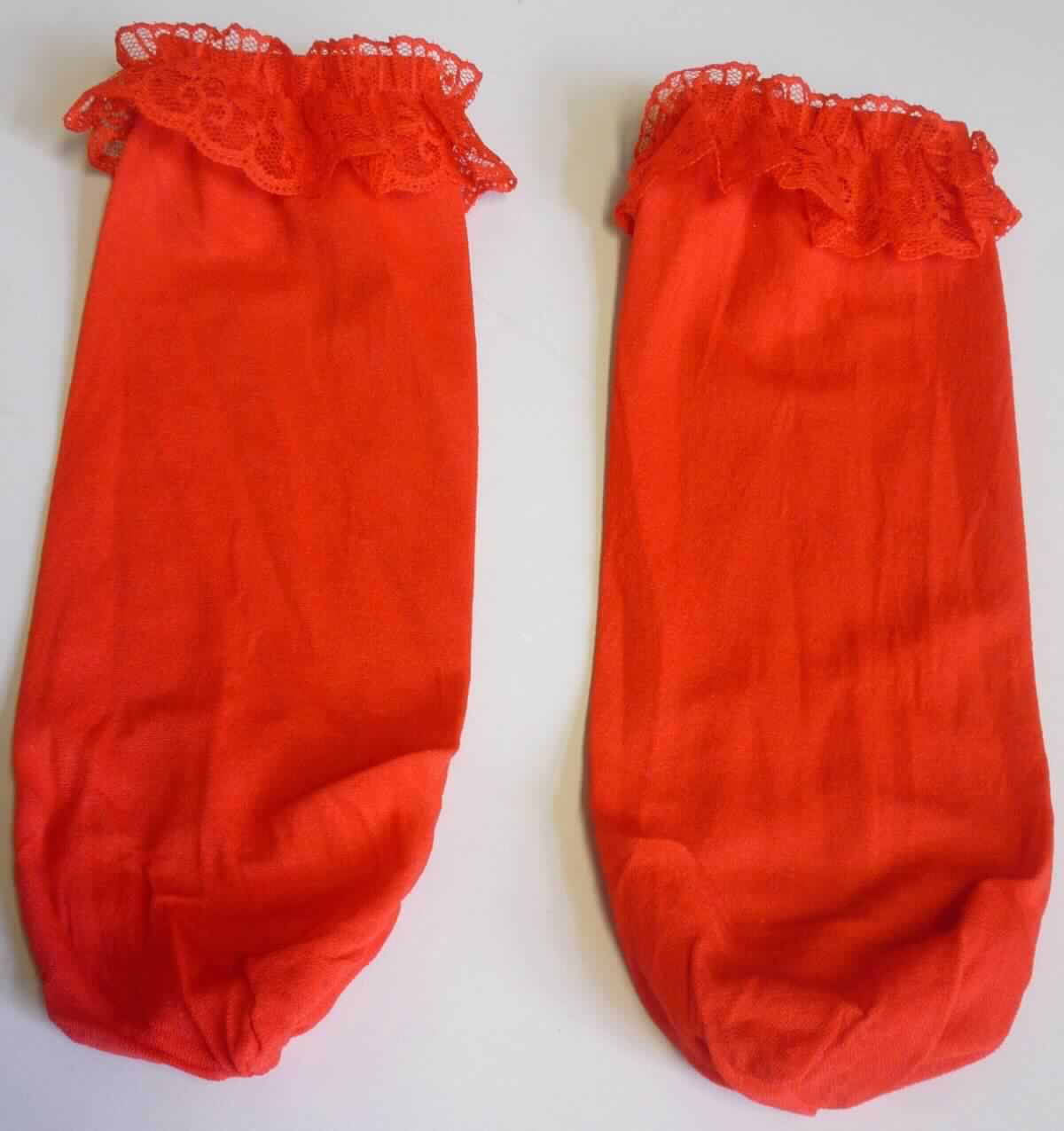 Socken, sog. Rüschensöckchen, Artikel 92069, in Einheitsgröße, Foto siehe Anlage,
- paarweise in einem Polybeutel mit einer bedruckten Pappkarte verpackt,
- aus ca. 0,5 mm dicken, einfarbigen Gewirken aus laut Antrag 100 % Polyamid (synthetische Chemiefasern),
- schlauchförmig abgepasst gewirkt und an den Fußspitzen durch Zusammennähen konfektioniert; ohne
  ausgearbeitete Ferse, 
- am oberen Rand mit zwei angenähten, ca. 1 cm bzw. 2,5 cm breiten Rüschen aus durchbrochen gearbeiteten
  Gewirken (sog. Raschelspitze) verziert,
- die Knöchel bedeckend, nicht über die Waden reichend, deshalb kein Strumpf, somit keine Ware der
  Unterpositionen 6115 10 und 6115 30.

"Socken aus Gewirken, aus synthetischen Chemiefasern"
