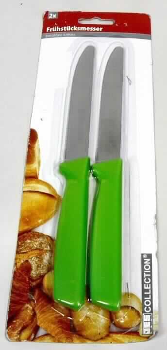 " 2er Frühstücksmesser";

- Set, bestehend aus zwei identischen Messern, jeweils mit schneidender Klinge aus nicht 
  rostendem Stahl mit Wellenschliff, mit Griff aus Kunststoff

- Länge 21,5 cm

- zum Schneiden von Speisen am Tisch

- aufgemacht in einer Blisterverpackung mit Pappeinleger

Abbildung siehe Anlage.

Derartige Erzeugnisse gehören als "Tischmesser mit schneidender, feststehender Klinge, auch gezahnt, keine Messer der Position 8208 und keine Zusammenstellungen" zur Codenummer 8211 9100 00 0 des Zolltarifs (ZT).