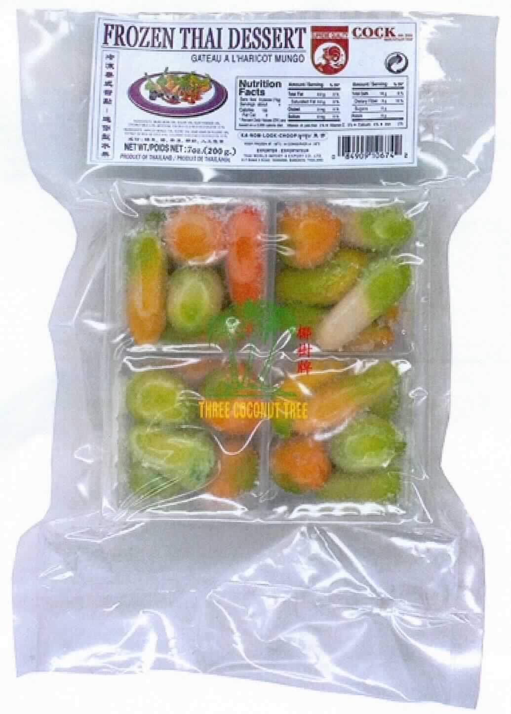 Mungobohnen (vigna radiata), zubereitet, tiefgefroren.

Antragsangaben (als zutreffend unterstellt): Cock Brand; Mungobohnendessert, tiefgefroren. 
Zutaten: Mungobohnen 70 %, Zucker 15 %, Agarpulver 10 %, Kokosmilch 4,4 %, Wasser 0,585 %, künstliche Farbe (E 122, E 102, E 133, E 110); Zubereitung: in der Mikrowelle 4 min bei 240 Watt auftauen.

Beschaffenheit des vorgelegten Warenmusters: beigefarbene, homogene, tiefgefrorene Masse in der Form stilisierter, gefärbter Früchte, mit einer dünnen Agarschicht vollständig umhüllt. Aufmachung: Kunststoffschale in einem Folienbeutel. Aufdruck (mehrsprachig, auszugsweise): "Frozen Thai Dessert (Ka Nom Choop), Mungobohnendessert, tiefgefroren; Kanom Look Choop (deletable imitation fruits); Inhalt: 200 g"

Die Mungobohnen stellen die Grundlage des Tiefkühlgerichtes dar und sind als charakterbestimmend anzusehen.

Anderes Gemüse, anders als mit Essig oder Essigsäure zubereitet oder haltbar gemacht, gefroren, ausgenommen Erzeugnisse der Position 2006, anderes als in den UPos 2004 1010 bis 2004 9091 der KN genannt, anderes.