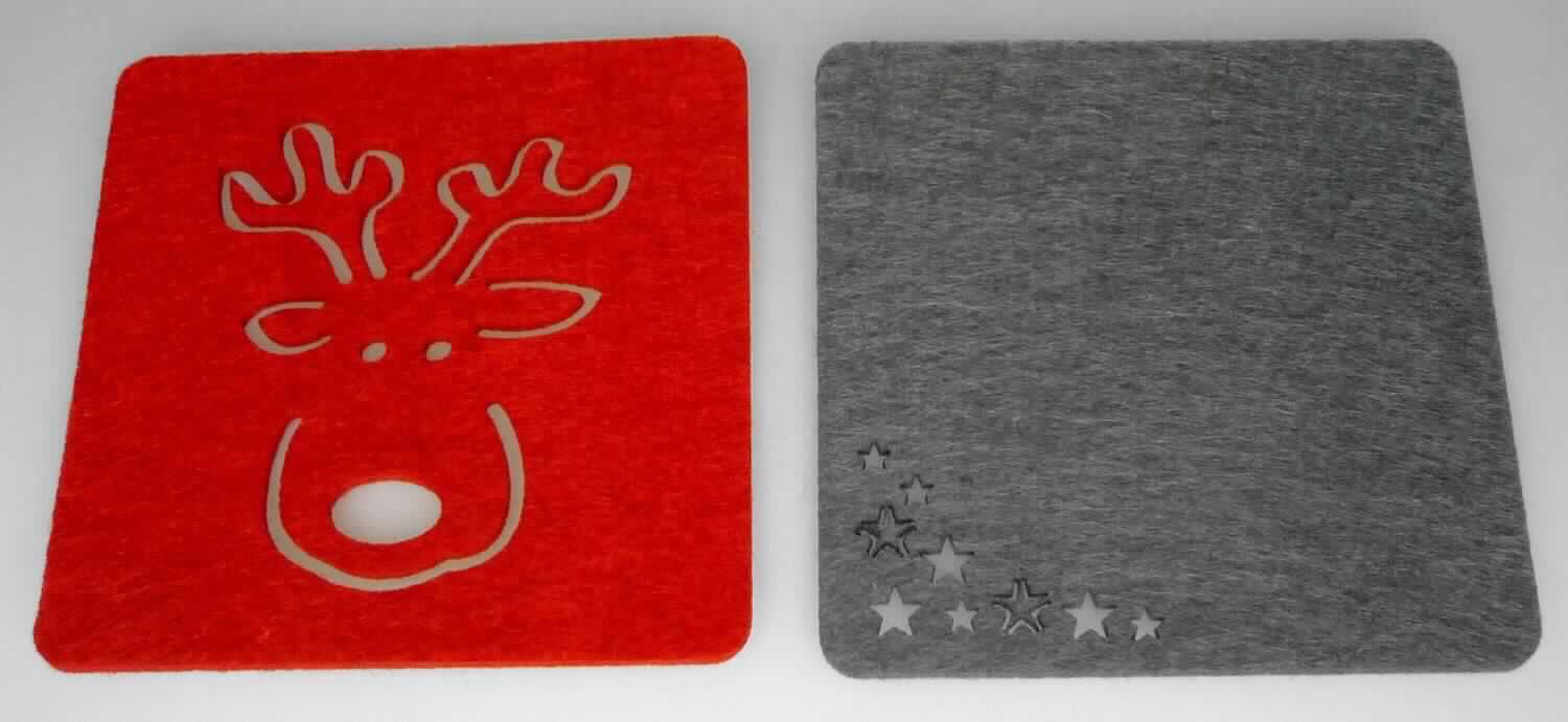 Untersetzer, sog. Filzuntersetzer, Foto siehe Anlage,
- annähernd quadratisch, mit abgerundeten Ecken (somit konfektioniert); laut Antrag in den Abmessungen:
  9,7 cm x 9,7 cm,
- laut Untersuchungsergebnis aus einem genadelten und mit Bindefasern verfestigten Vliesstoff aus 
  synthetischen Chemiefasern (lt. Antrag: Polyester), somit keine Ware aus Filz,
- mit einem ausgestanzten, stilisierten Rentierkopf bzw. mit ausgestanzten, stilisierten Sternen,
- soll als Untersetzer für Tassen und Gläser bei Tisch verwendet werden,
- kein Festartikel der Position 9505, da ohne eindeutigen Bezug zu einem Fest,
- wird insbesondere wegen des Materials üblicherweise nicht gewaschen und kennzeichnet sich aufgrund des
  Verwendungszwecks und der Ausstattung als Ware zur Innenausstattung, somit keine Tischwäsche der
  Position 6302.


"Andere Ware zur Innenausstattung (Untersetzer), aus Spinnstoffen, keine Ware der Position 9404, aus
 Vliesstoffen, aus synthetischen Chemiefasern"