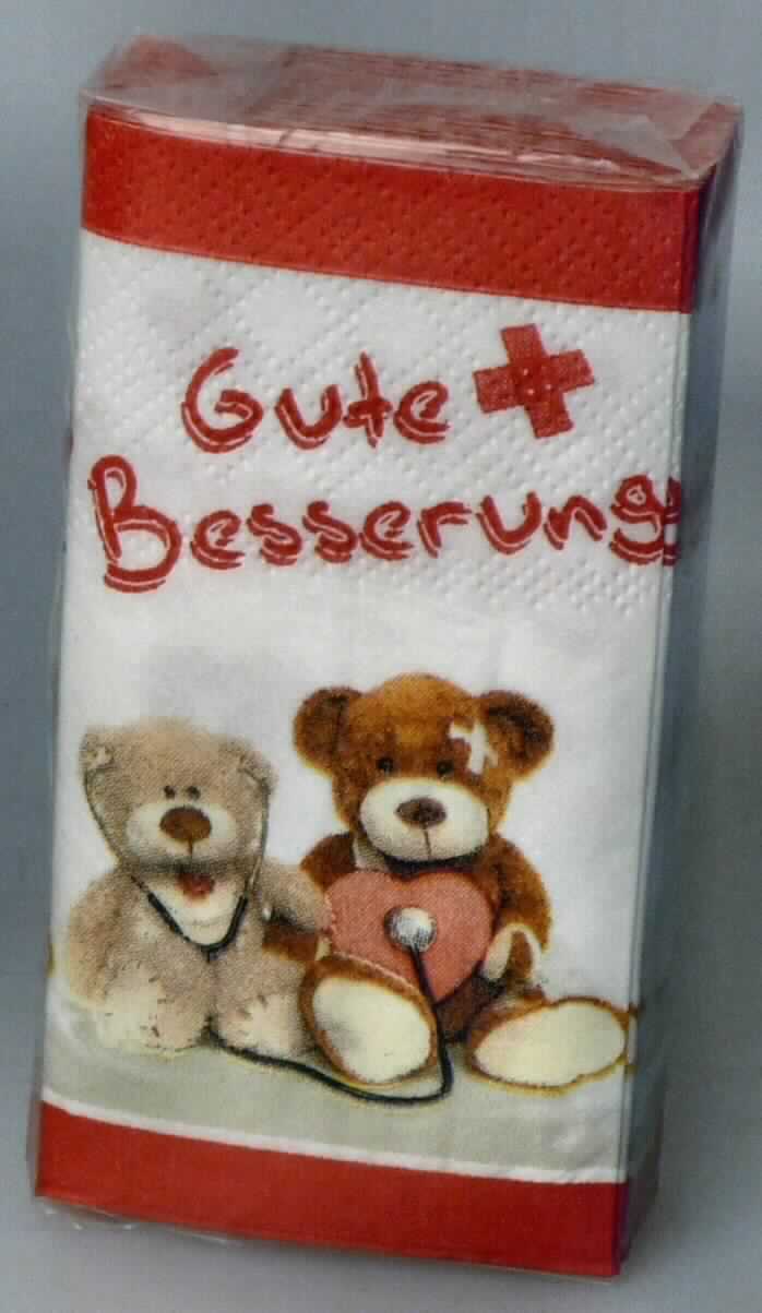 Bei der Ware handelt es sich nach dem vorgelegten Warenmuster um ein 3-lagiges, etwa 20,8 x 20,4 cm großes Taschentuch aus Vliesen aus Zellstofffasern (sog. Tissue), das vierfach auf die Größe von etwa 10,2 x 5,3 cm zusammengefaltet ist. Eine der Außenlagen ist mit der Abbildung von Teddybären und der Aufschrift "Gute Besserung" bedruckt. Jeweils zehn Taschentücher sind in einer durch einen Klebestreifen wiederverschließbaren Hülle aus Kunststoff verpackt. 

Abbildung siehe Anlage.

Derartige Waren sind als "Taschentücher aus Papier" in die Codenummer 4818 2010 00 0 des Zolltarifs einzureihen.