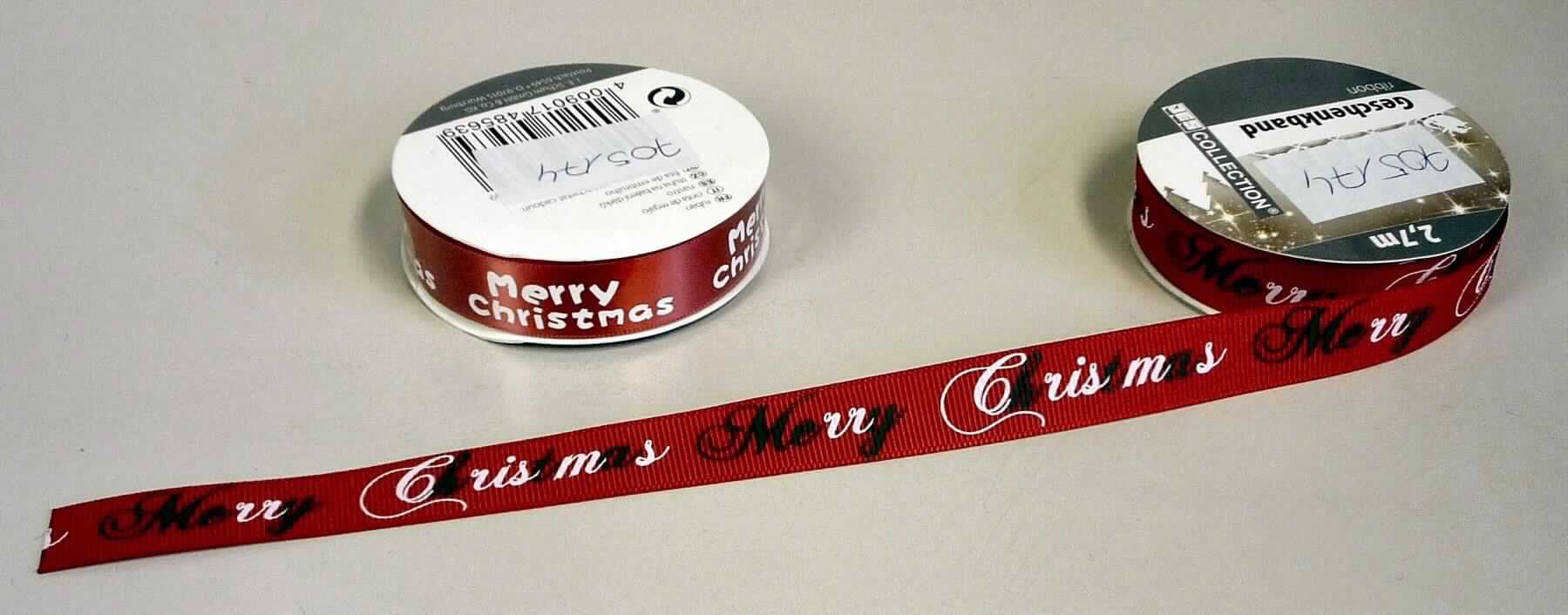 Band, sog. WH Geschenkband bedruckt, Art. 705174, Foto siehe Anlage,
- lt. Antrag in 12 verschiedenen Ausführungen,
- jeweils:
-- als Meterware auf einer Pappspule, lt. Antrag in den Abmessungen von 2,7 m x 1,6 cm bwz. 2,7 m x 2,5 cm,
-- aus bedruckten Geweben aus lt. Antrag 100 % Polyester (synthetische Chemiefasern),
-- mit echten Webkanten an beiden Längsseiten,
-- kein Samt, Plüsch, Chenille- oder Schlingengewebe,
-- keine Elastomergarne oder Kautschukfäden enthaltend.                                                          

"Bänder, keine Ware der Position 5807, andere als in den Unterpositionen 5806 10 und 5806 20 genannte, 
 aus Chemiefasern, mit echten Webkanten"