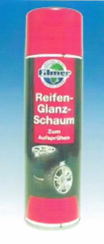 Angaben: Reifenglanz-Spray in 500ml-Sprühdose; farbloses Aerosol; hergestellt auf der Grundlage einer Siliconemulsion. Das Erzeugnis wird zur Reinigung von Autoreifen verwendet, gibt ihnen neuen Glanz, schützt sie vor Schmutz, beugt Altersrissen vor und greift Kunststoffe, Lacke und Felgen nicht an.

Befund: ähnliches Autopflegemittel
