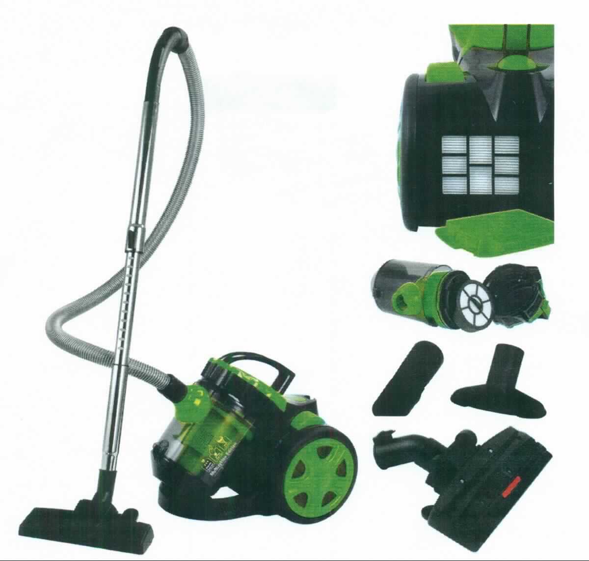 Zyklonenstaubsauger,
- aus einem Gehäuse mit eingebautem Elektromotor (Leistung 700 W),
  Netzkabel, Laufrollen, Tragegriff, integriertem Staubauffangbehälter,
  (Behälterkapazität 2 Liter), Hepafilter, Saugschlauch, Teleskopsaug-
  rohr und Bodenbürste (Abbildung siehe Anlage)
- zum Aufsaugen von trockenem Schmutz in Wohnräumen,
- in einer gemeinsamen Verkaufsumschließung mit weiteren Düsen.
Der Staubsauger bestimmt den Charakter des Ganzen.

"Staubsauger mit eingebautem Elektromotor, mit einer Leistung von weniger
 als 1500W und einem Fassungsvermögen des Staubbehälters von weniger
 als 20 l (Warenzusammenstellung aus Staubsauger -charakterbestimmend- 
 und Düsen) - Zyklonenstaubsauger"