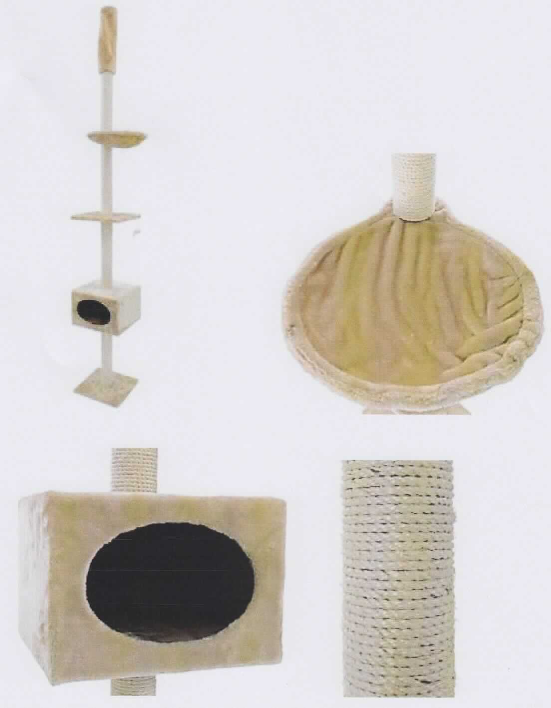 Kratzbaum, sog. Kratzbaum Orion, Art. 72019, Foto siehe Anlage,
- in einem Pappkarton verpackt; noch nicht zusammengesetzt eingehend, mit Montagematerial,
- vierstöckiges Gebilde in Form eines "Turms" aus Säulen, der durch zwei Liegeplatten, eine "Höhle" und eine 
  Liegemulde verbunden wird:
-- mit einer quadratischen Boden- und einer Liegeplatte (Holzfaserplatten; Seitenlänge: ca. 35 cm), die auf der 
   Oberseite mit einfarbigen Plüschgewirken aus Spinnstoffen überzogen sind; an einer der Platten mit einer an 
   einer elastischen Kordel befestigten "Spielmaus",
-- mit einer quaderförmigen "Höhle" (Abmessungen: ca. 35 cm x 40 cm x 25 cm) mit einem Korpus aus 
   Holzfaserplatten, der auf der Außenseite und innen auf der Liegefläche mit einfarbigen Plüschgewirken 
   überzogen ist; vorn mit einer Einstiegsöffnung versehen,
-- mit einer "Liegemulde" (Durchmesser: ca. 35 cm) mit einem "Rahmen" aus unedlem Metall und einem Überzug 
   aus Plüschgewirken,
-- mit vier zwischen und auf den Liegeplatten bzw. der Bodenplatte befestigten, auf der Außenseite vollständig mit 
   Seilen aus laut Antrag Sisal (Spinnstoffgarne mit einem Titer von augenscheinlich mehr als 20.000 dtex) 
   umwickelten Säulen aus Pappe (Durchmesser: ca. 7,5 cm, Höhe: ca. 50 cm),
-- am oberen Ende des Turms mit einem sog. Deckenspanner zur Befestigung an der Zimmerdecke, der von einer
   Abdeckung in Form eines Überzugs aus Plüschgewirken verdeckt wird,
- durch Zusammenfügen konfektioniert,
- dient der Beschäftigung von und als Ruheplatz für Katzen,
- insbesondere im Hinblick auf die Verwendung bestimmen die Seile sowie die Gewirke gegenüber dem Holz und 
  der Pappe den Charakter der Ware; hinsichtlich des Umfangs herrschen die Gewirke gegenüber den Seilen vor 
  und verleihen damit der Ware ihren wesentlichen Charakter.

"Andere konfektionierte Ware (Kratzbaum), aus Spinnstoffen, aus Gewirken"