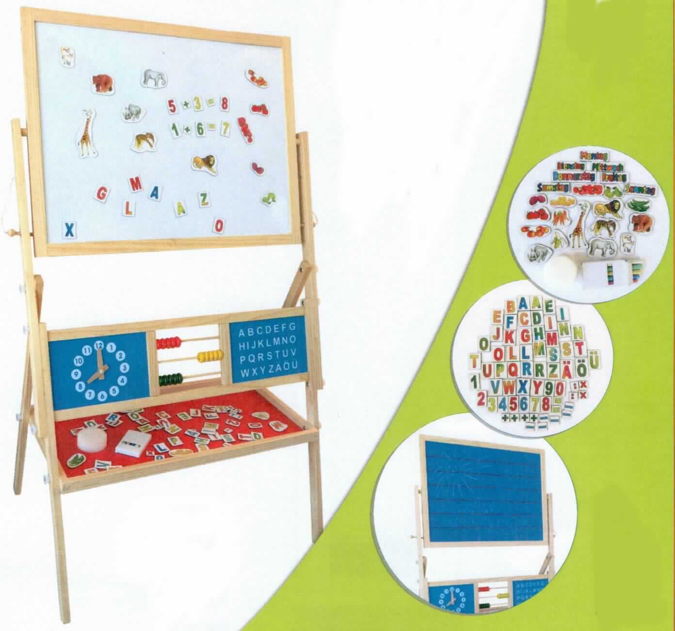 Es handelt sich bei der gerahmten Standtafel um eine Warenzusammenstellung in Aufmachung für den Einzelverkauf, bestehend aus einer Tafel in Form einer zusammengesetzten Ware, einem Schwamm und magnetischen Zahlen und Buchstaben.

Die zusammengesetzte Ware besteht im Wesentlichen aus einer Standtafel mit Holzgestell und Holzrahmen, die aus einer grünen, linierten, mit Kreide beschreibbaren und einer weiß lackierten, mit Filzstiften beschreibbaren, magnetischen Seite besteht. Sie ist mit einer Ablagefläche und einem Holzrahmen versehen, der mit einer Spielzeuguhr mit beweglichen Zeigern, der Nachbildung eines Abakus und einer Tafel mit aufgedruckten Buchstaben ausgestattet ist. 

Die Tafel ist sowohl innerhalb der zusammengesetzten Ware als auch innerhalb der Warenzusammenstellung charakterbestimmend aufgrund der Bedeutung für die Verwendung.

Das in einem Karton verpackte Erzeugnis ist als "Tafel zum Schreiben oder Zeichen, gerahmt" einzureihen.