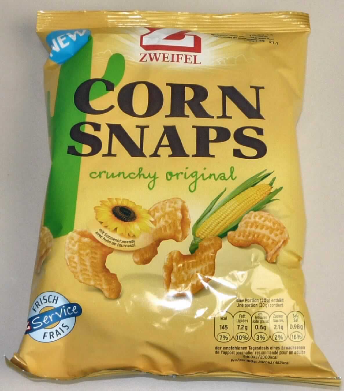 Maissnack

Antragsangaben:
Maissnack zum Essen
Zweifel Corn Snaps Crunchy Original
Handelsübliche Bezeichnung: Maissnack in Einzelverkaufsaufmachung à 100 Gramm
Verwendungszweck: Maissnack 
Zusammensetzung: Maisgrieß (54 %), Sonnenblumenöl (22 %), Weizenstärke, Streuwürze 
(Zucker, Maltodextrin, Meersalz (1.1%), Geschmacksverstärker (E621), Milchzucker, Hefe-
extrakt, natürliche Aromen, Säuerungsmittel (Natriumacetate, Apfelsäure), Kartoffelstärke, 
Farbstoff (Paprikaextrakt)), Weizenmehl, Salz, Zucker, Backtriebmittel (Natrium-
hydrogencarbonat), Paprikaextrakt, Kurkumaextrakt. 

Beschaffenheit des vorgelegten Warenmusters:
Bunt bedruckter Original-Schlauchfolienbeutel; der Aufdruck enthält Angaben zum 
Erzeugnis (Maissnack; 100 g) und zu den Zutaten (s. o.); darin knusprige, gelblich-
orangefarbene Extrudate in Form eines Horns; Geschmack würzig, salzig, nach Mais, 
nicht süß.

Stärke/Glucose*: 50 bis weniger als 75 GHT 
Saccharose/ Invertzucker/Isoglucose**: 5 bis weniger als 30 GHT 
Milchfett***: nicht enthalten 
Milchprotein***: nicht enthalten 

*  :   festgestellt gemäß VO (EG) 900/2008, VO (EU) 118/2010
** :  festgestellt gemäß VO (EG) 900/2008 
***: nach der Zutatenliste

Backware, extrudiertes Erzeugnis, gesalzen oder aromatisiert
