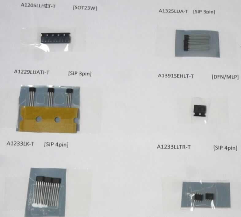Hallsensor (sog. Finished Hall Effect Integrated Circuit: Continous-Time Bipolar Switch A1205LLHLT-T; Hall Effect Latch A1229LUATI-T; Dual Channel Hall Effect Direction Detection Sensor IC A1233LK-T, A1233LLTR-T; Linear Hall Effect Sensor IC A1325LUA-T, A1391SEHLT-T),
- in Form einer monolithischen integrierten Schaltung,
- in einem Gehäuse mit Anschlüssen (Abbildung siehe Anlage).

"Elektronische integrierte Schaltung, kein Prozessor und Steuer- und Kontrollschaltung, kein Speicher oder Verstärker, Hallsensor in Form einer monolithischen integrierten Schaltung"