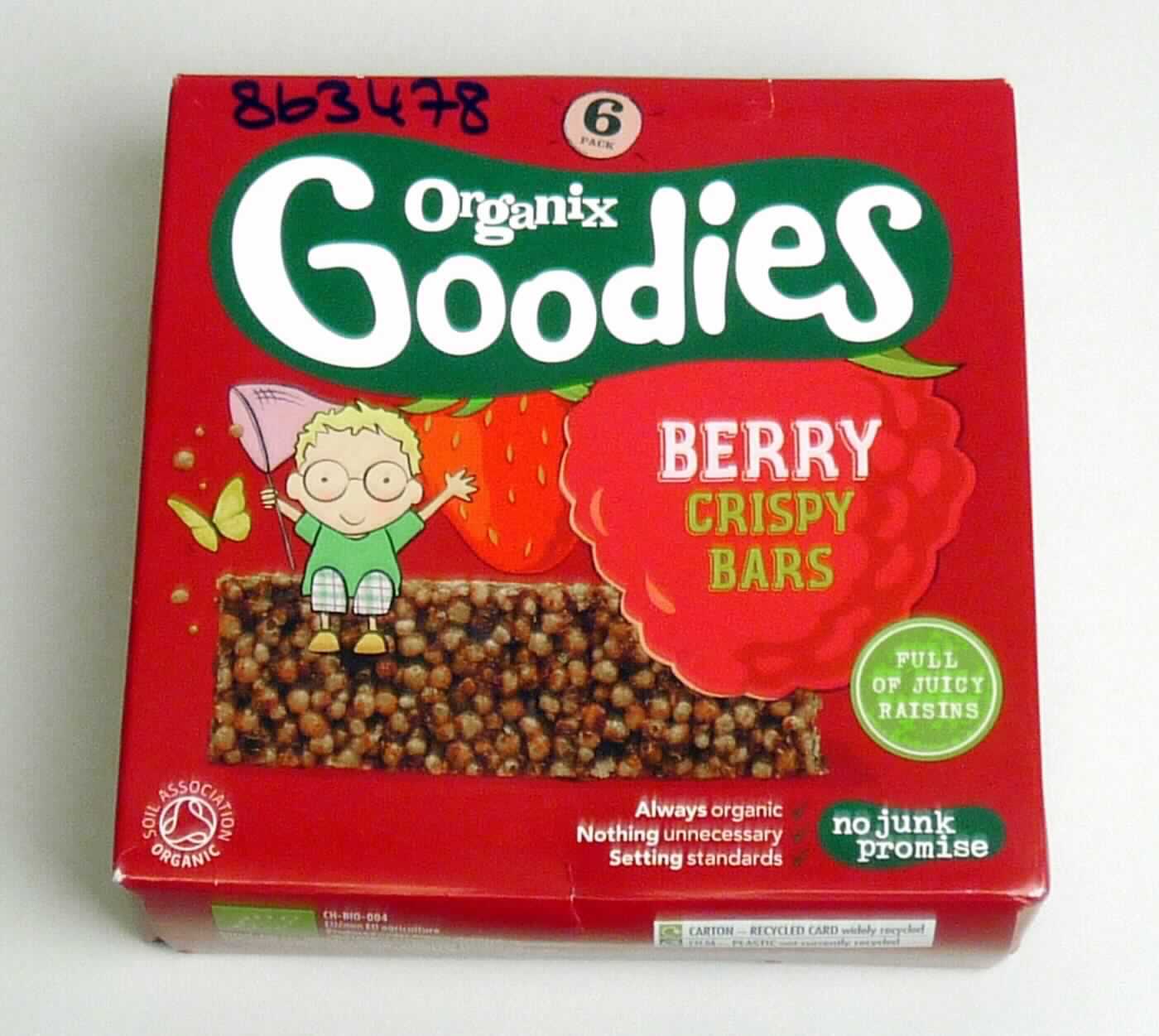 Fruchtriegel mit Getreide 
 
Antragsangaben:
"Organix Goodies BERRY CRISPY BARS"

Beschreibung des vorgelegten Warenmusters:

Ca. 8,5 cm langer, 3 cm breiter und 1 cm dicker, brauner Riegel aus Reiscrispies und fein zerkleinerten Rosinen. 
Geschmack vorherrschend nach geröstetem Puffreis, süß und nach Rosinen. 6 einzeln in rote Original-Schlauch-
folie eingeschweißte Riegel befinden sich in einem roten Original-Umkarton. Der Aufdruck enthält englischsprachige 
Angaben zum Erzeugnis ("Organix Goodies" und "BERRY CRISPY BARS"), Angaben zum Inhalt (6 x 18 g = 108 g), 
die Zutatenliste und auf einem separaten Aufkleber die GTIN (siehe jeweils Feld 8).

Kakao: Nach der Zutatenliste nicht enthalten

Lebensmittel, durch Aufblähen oder Rösten von Getreide oder Getreideerzeugnissen hergestellt, 
auf der Grundlage von Reis